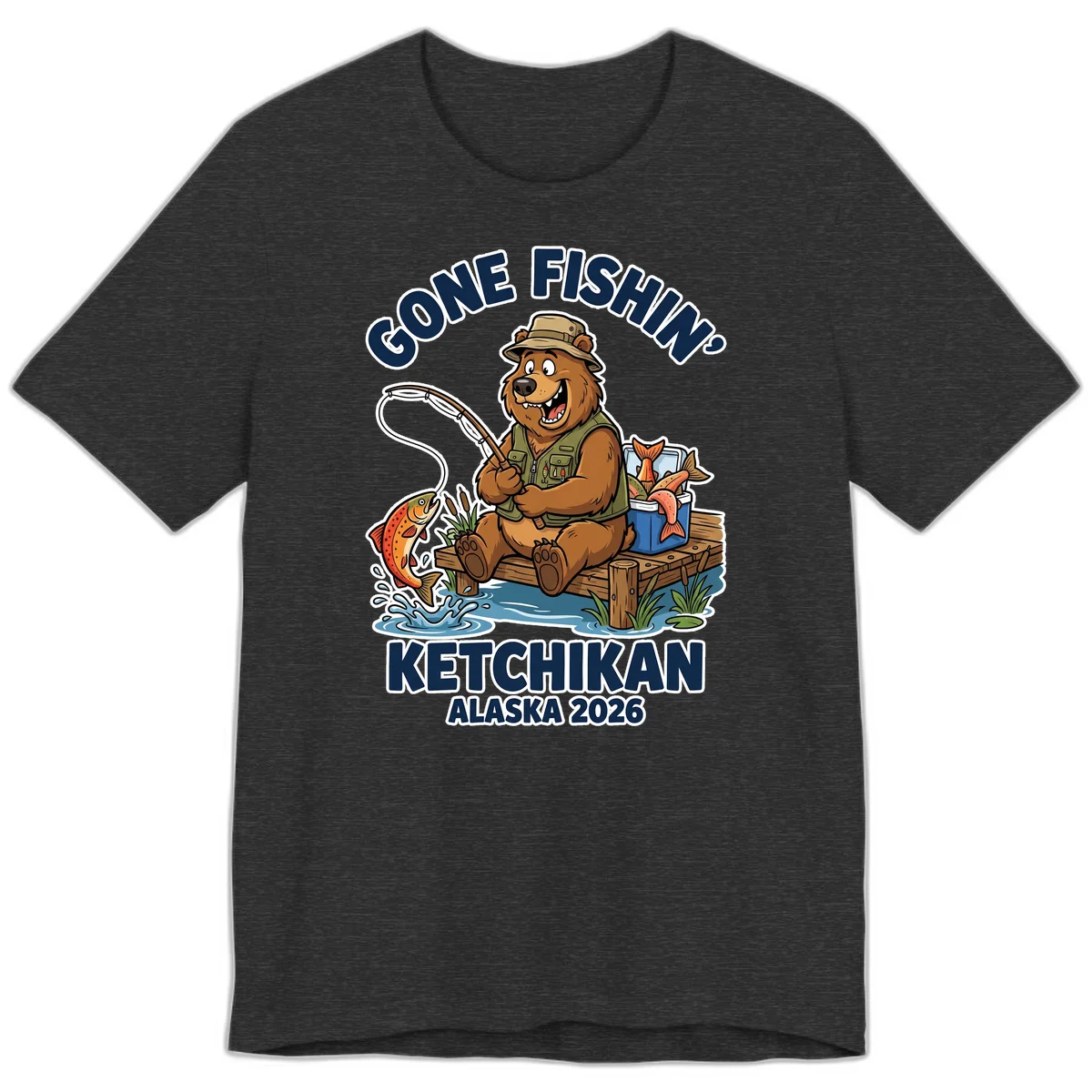 Gone Fishin' Ketchikan Alaska Bear Fishing Adventure Premium T-Shirt in Dark Grey Heather