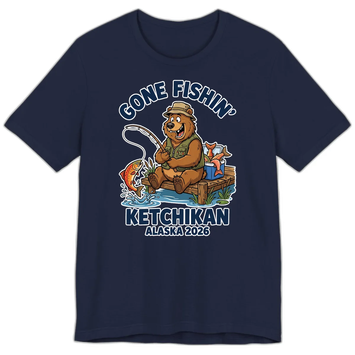 Gone Fishin' Ketchikan Alaska Bear Fishing Adventure Premium T-Shirt in Navy