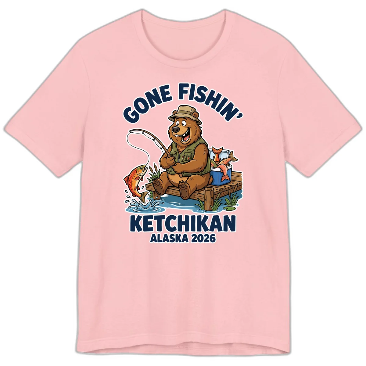 Gone Fishin' Ketchikan Alaska Bear Fishing Adventure Premium T-Shirt in Pink