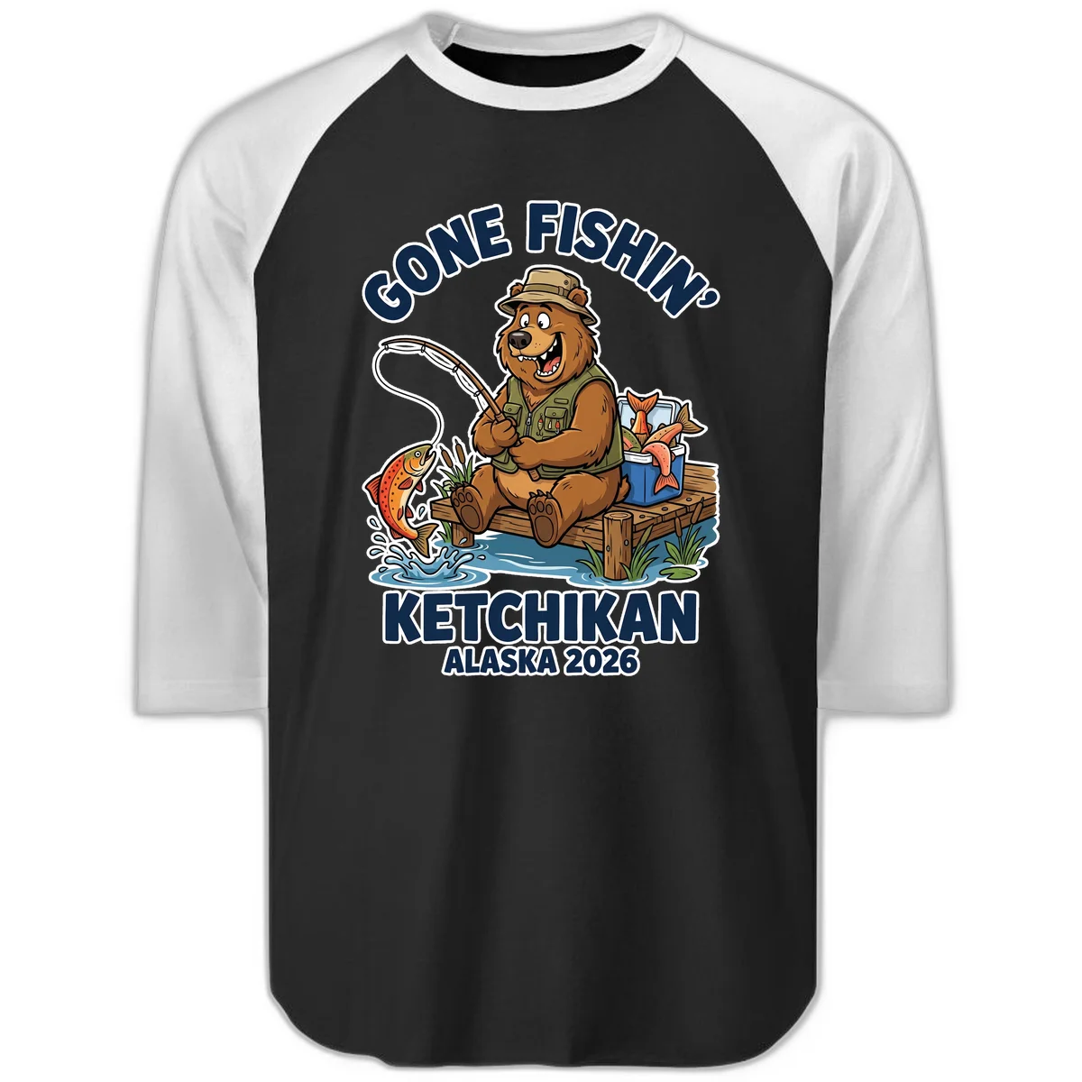 Gone Fishin' Ketchikan Alaska Bear Fishing Adventure Raglan 3/4 Sleeve Shirt in Black White