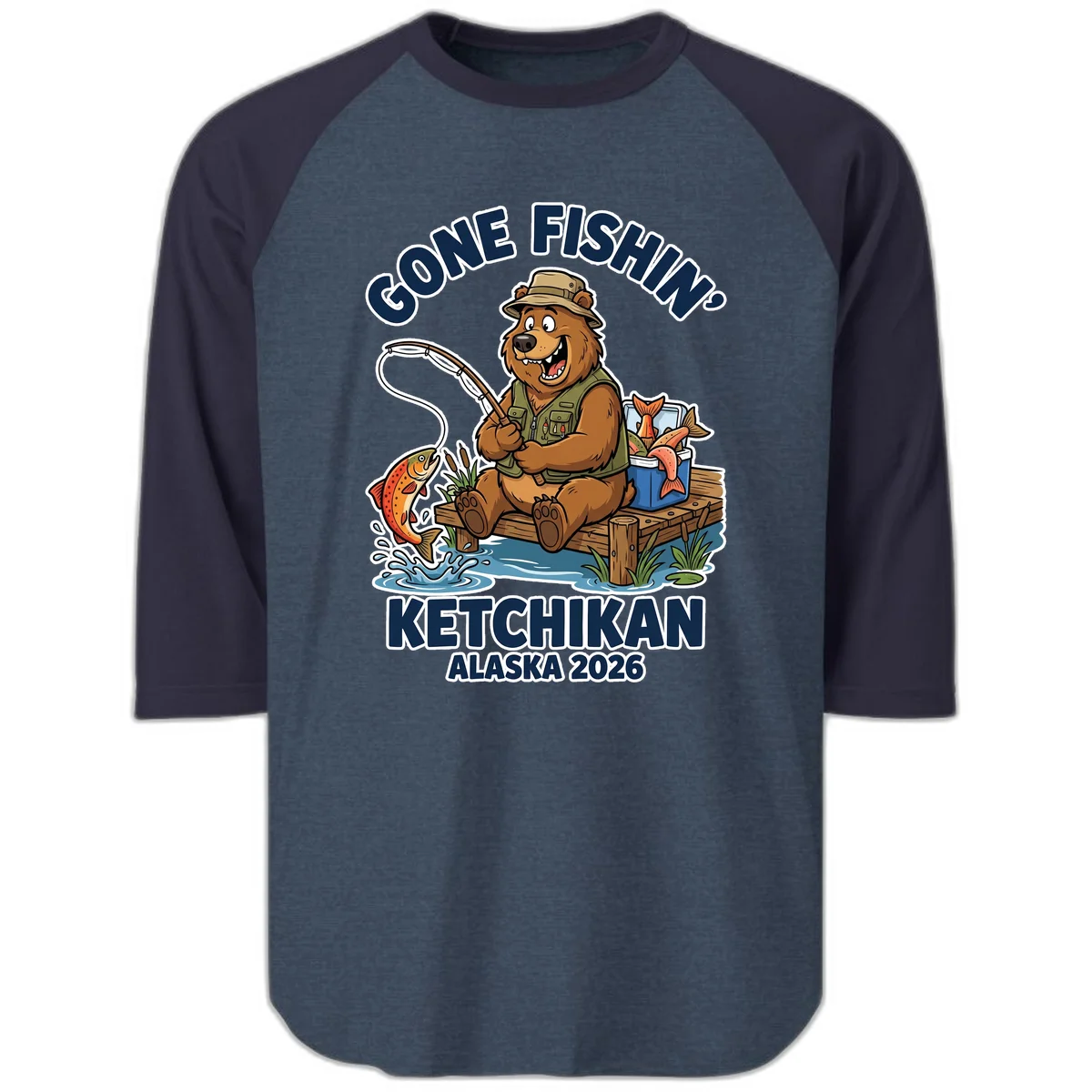 Gone Fishin' Ketchikan Alaska Bear Fishing Adventure Raglan 3/4 Sleeve Shirt in Heather Denim Navy