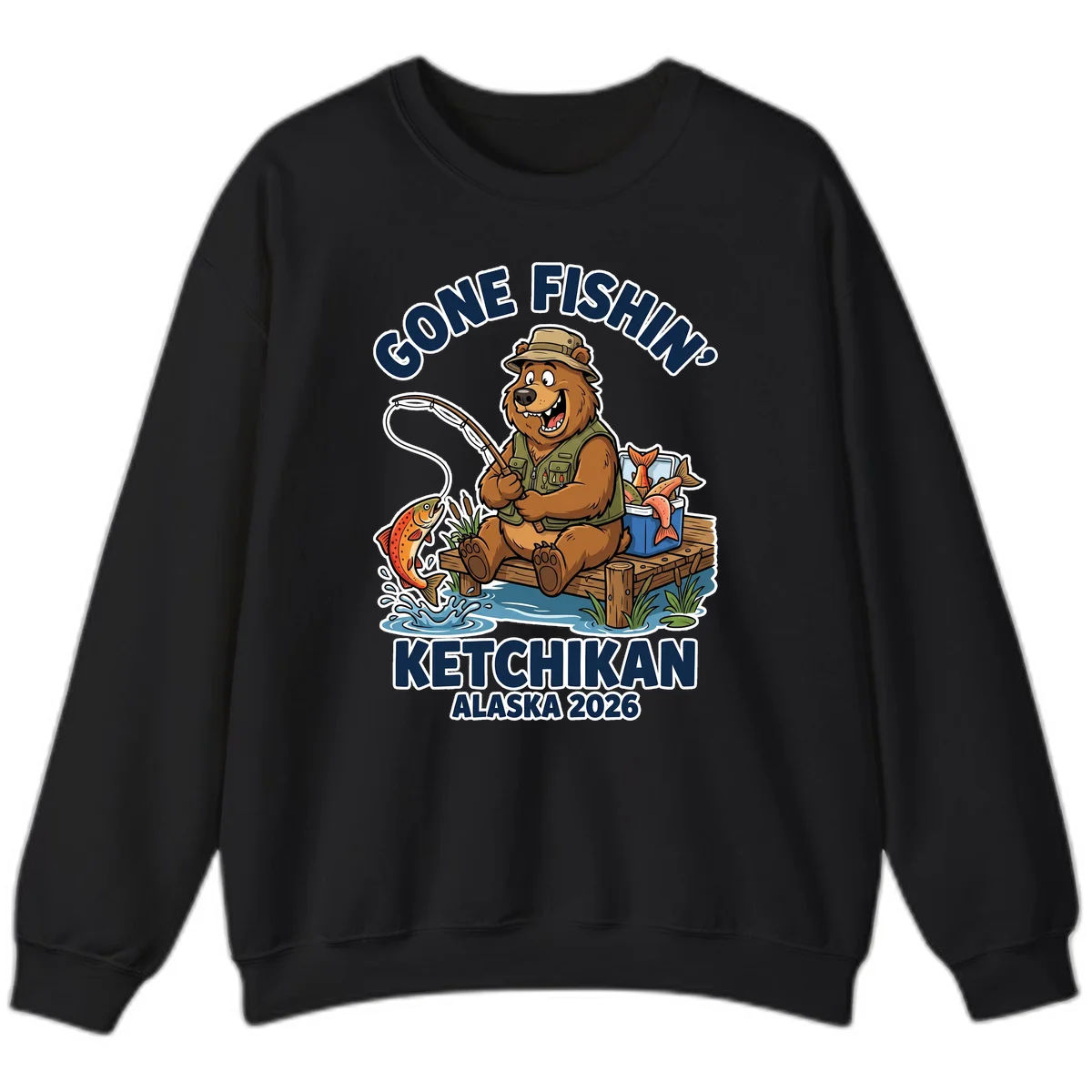 Gone Fishin' Ketchikan Alaska Bear Fishing Adventure Sweatshirt in Black