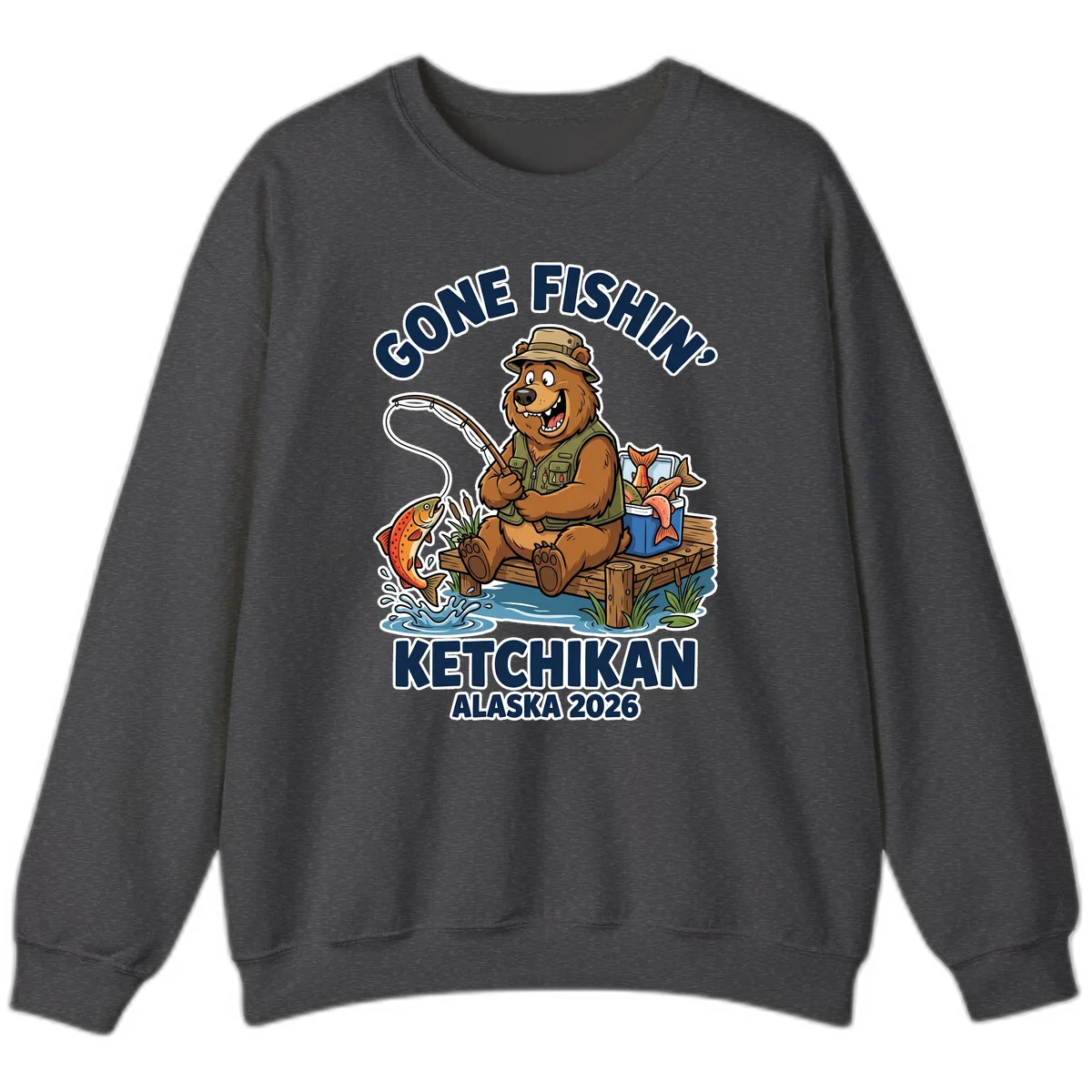 Gone Fishin' Ketchikan Alaska Bear Fishing Adventure Sweatshirt in Dark Heather