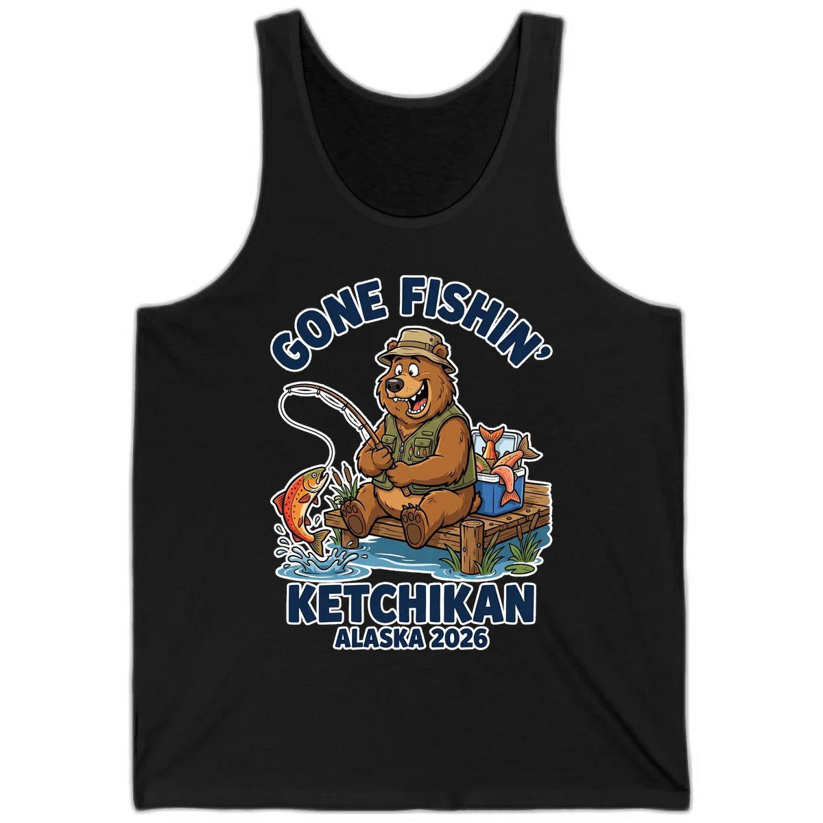 Gone Fishin' Ketchikan Alaska Bear Fishing Adventure Tank Top in Black