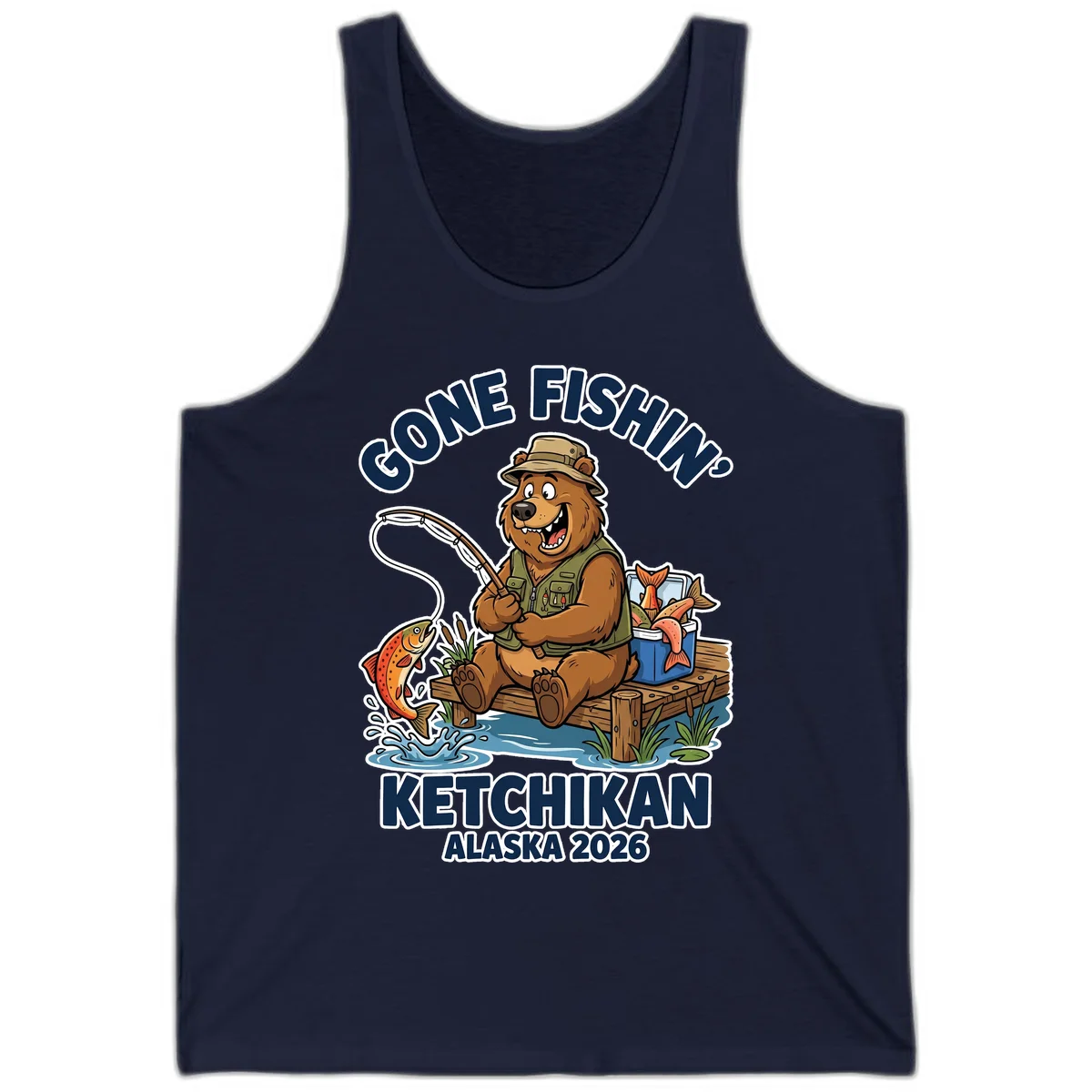 Gone Fishin' Ketchikan Alaska Bear Fishing Adventure Tank Top in Navy