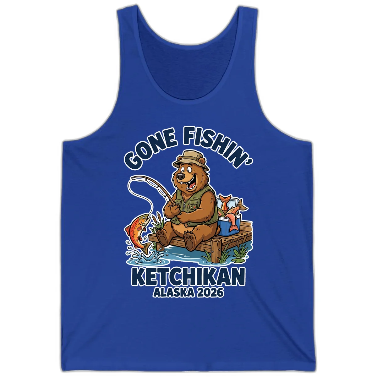 Gone Fishin' Ketchikan Alaska Bear Fishing Adventure Tank Top in True Royal