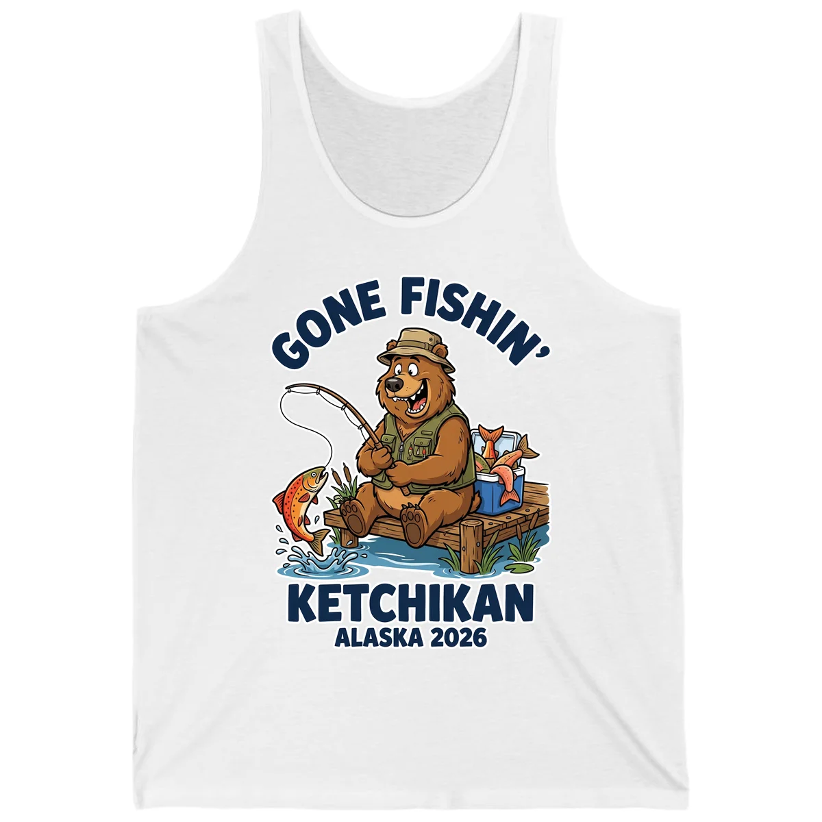 Gone Fishin' Ketchikan Alaska Bear Fishing Adventure Tank Top in White