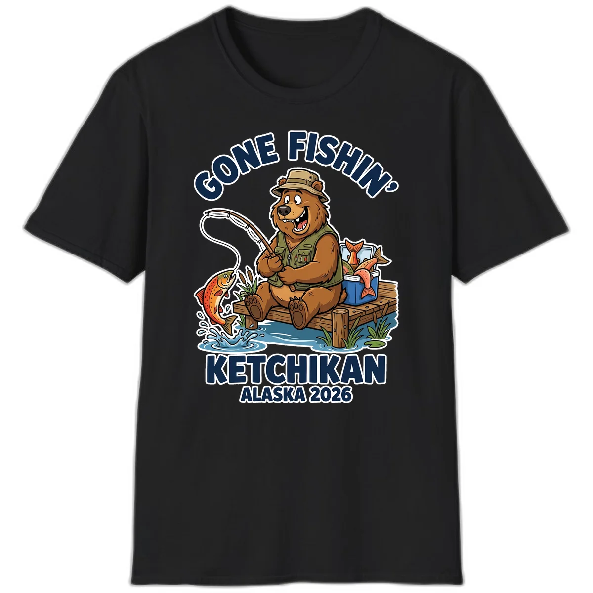 Gone Fishin' Ketchikan Alaska Bear Fishing Adventure T-Shirt in Black