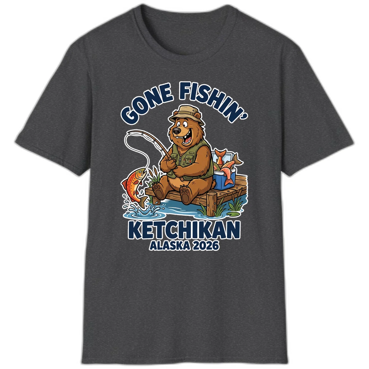 Gone Fishin' Ketchikan Alaska Bear Fishing Adventure T-Shirt in Dark Heather