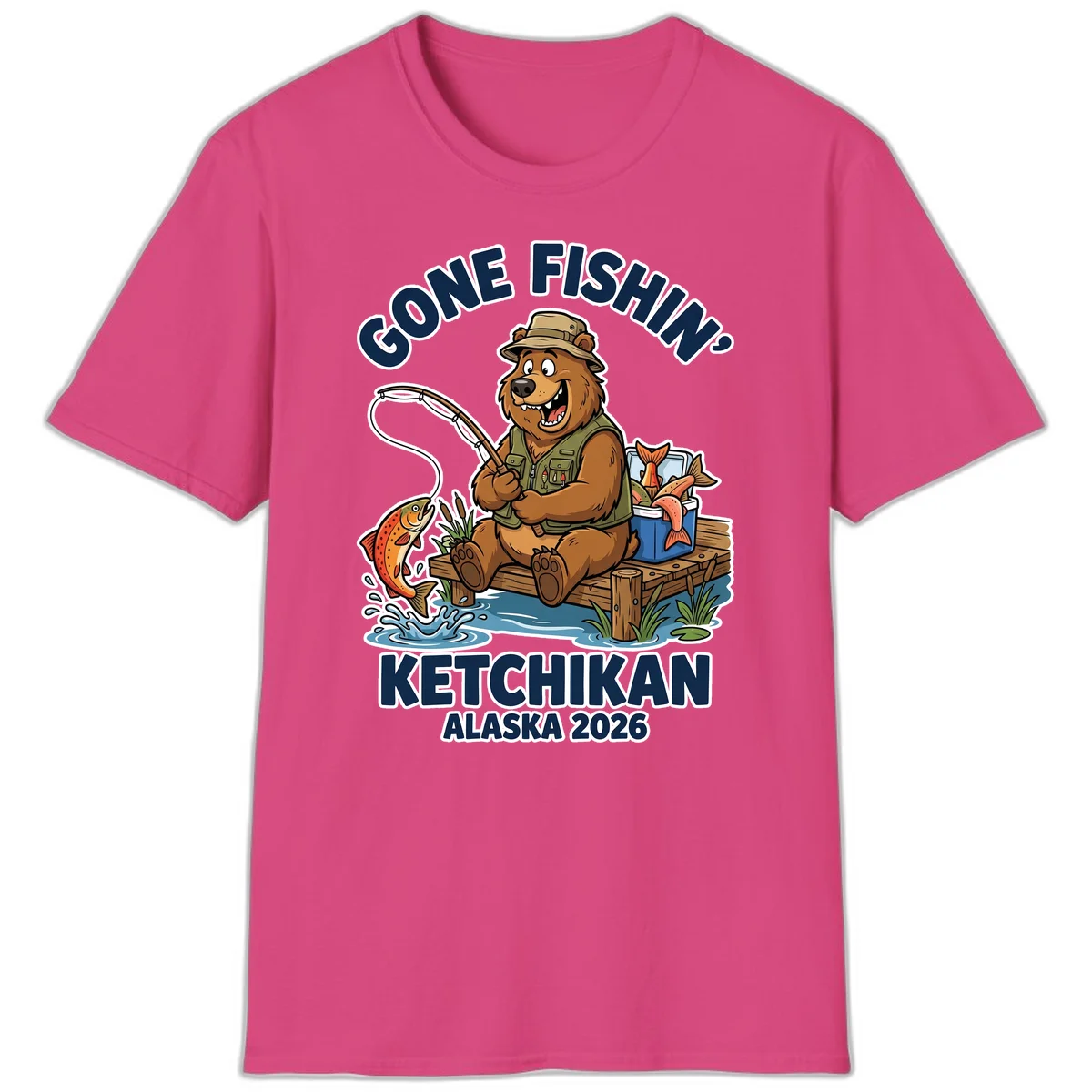 Gone Fishin' Ketchikan Alaska Bear Fishing Adventure T-Shirt in Heliconia