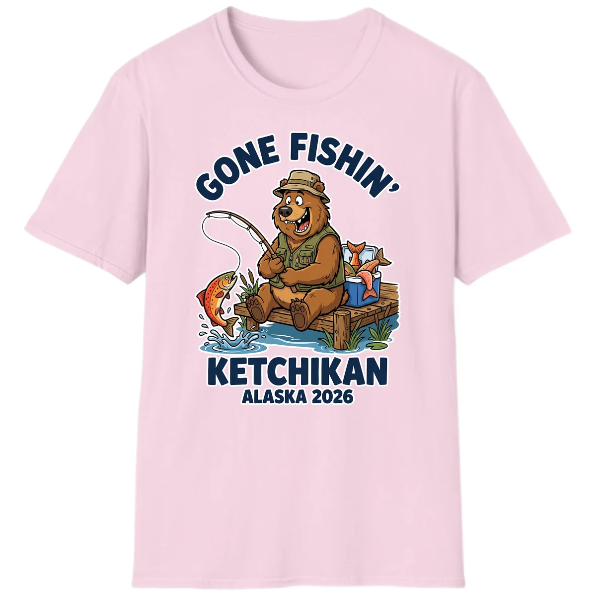Gone Fishin' Ketchikan Alaska Bear Fishing Adventure T-Shirt in Light Pink