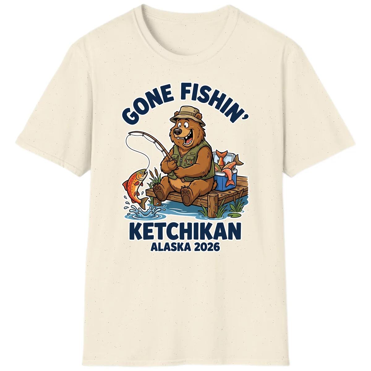 Gone Fishin' Ketchikan Alaska Bear Fishing Adventure T-Shirt in Natural