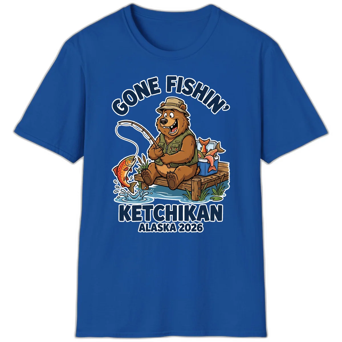 Gone Fishin' Ketchikan Alaska Bear Fishing Adventure T-Shirt in Royal