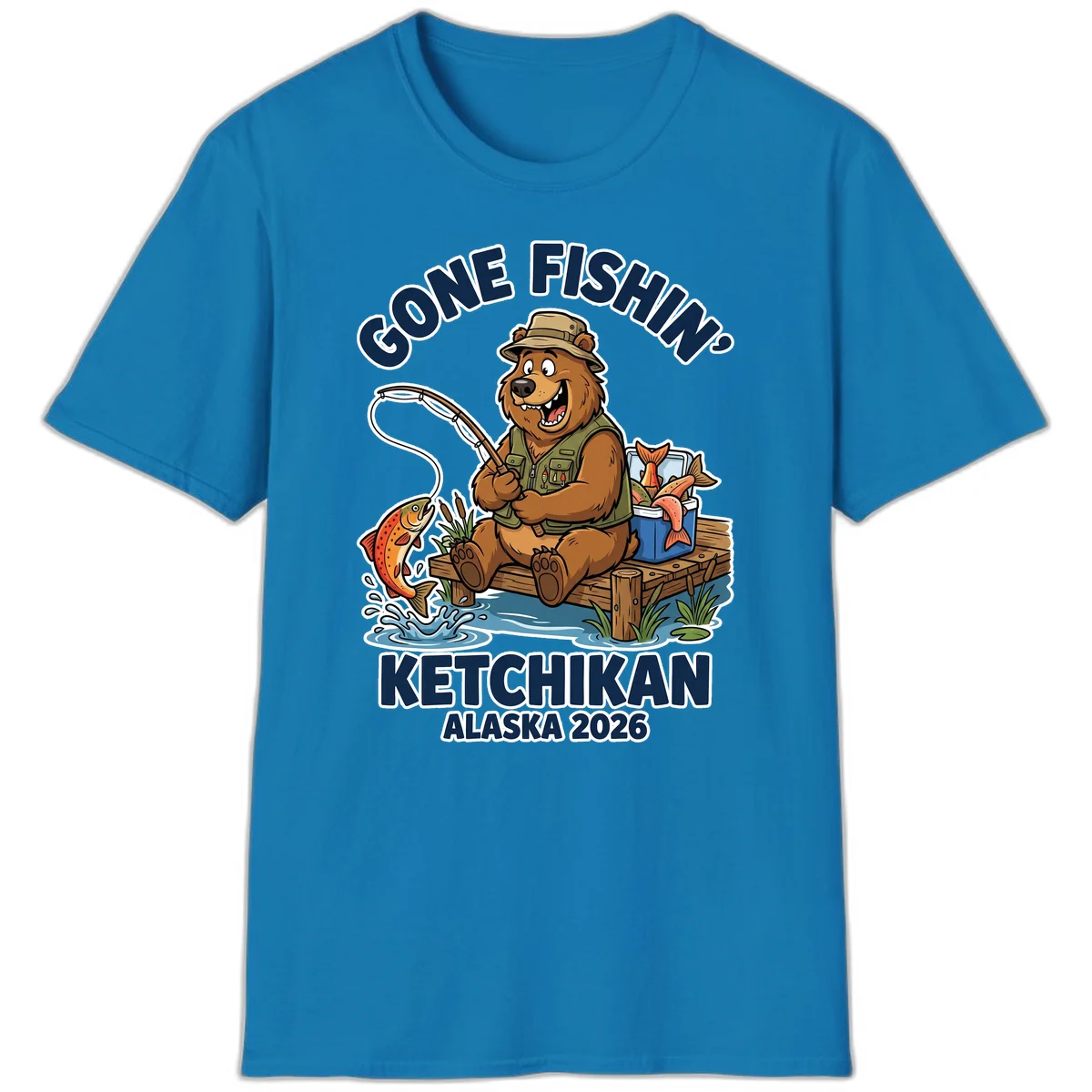 Gone Fishin' Ketchikan Alaska Bear Fishing Adventure T-Shirt in Sapphire