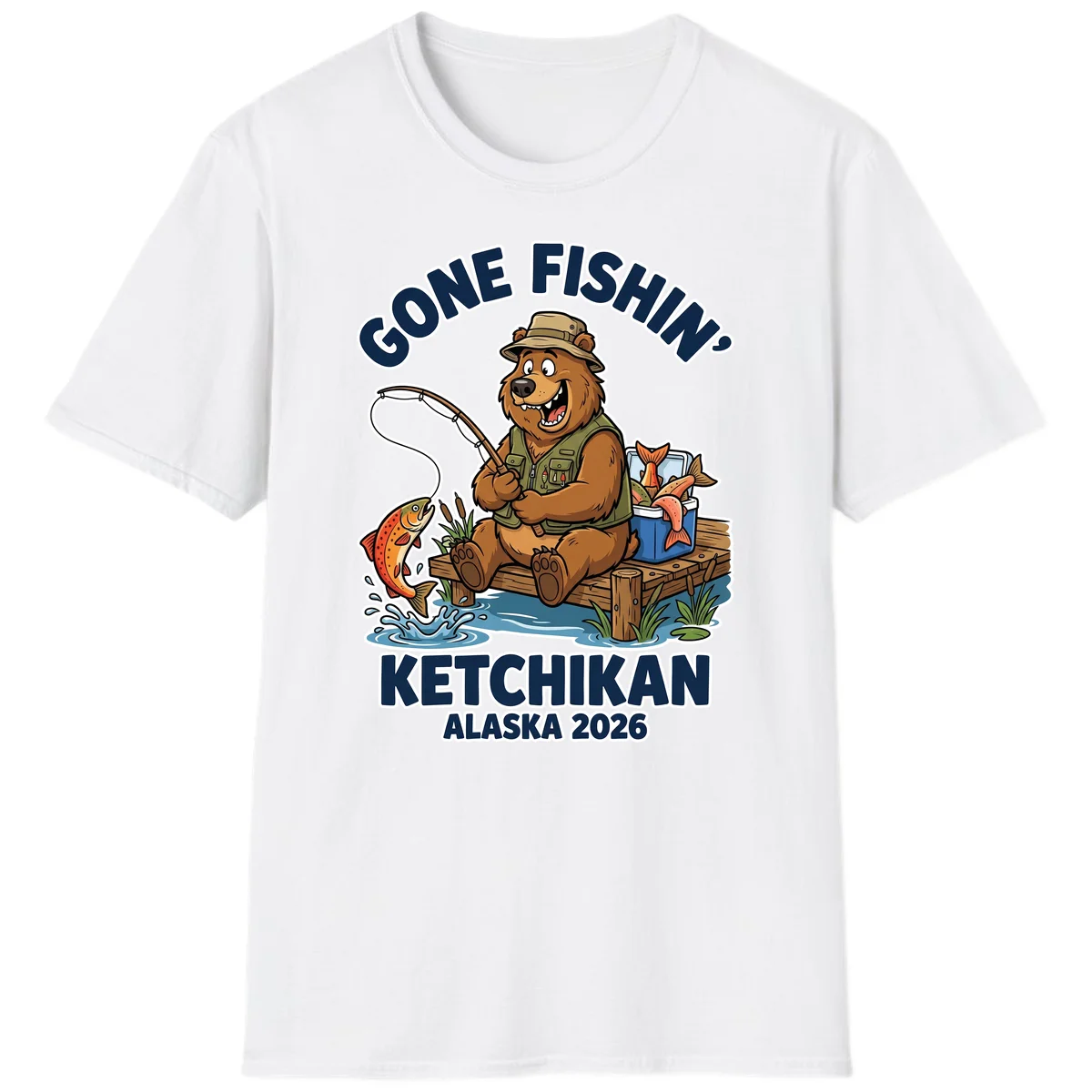 Gone Fishin' Ketchikan Alaska Bear Fishing Adventure T-Shirt in White