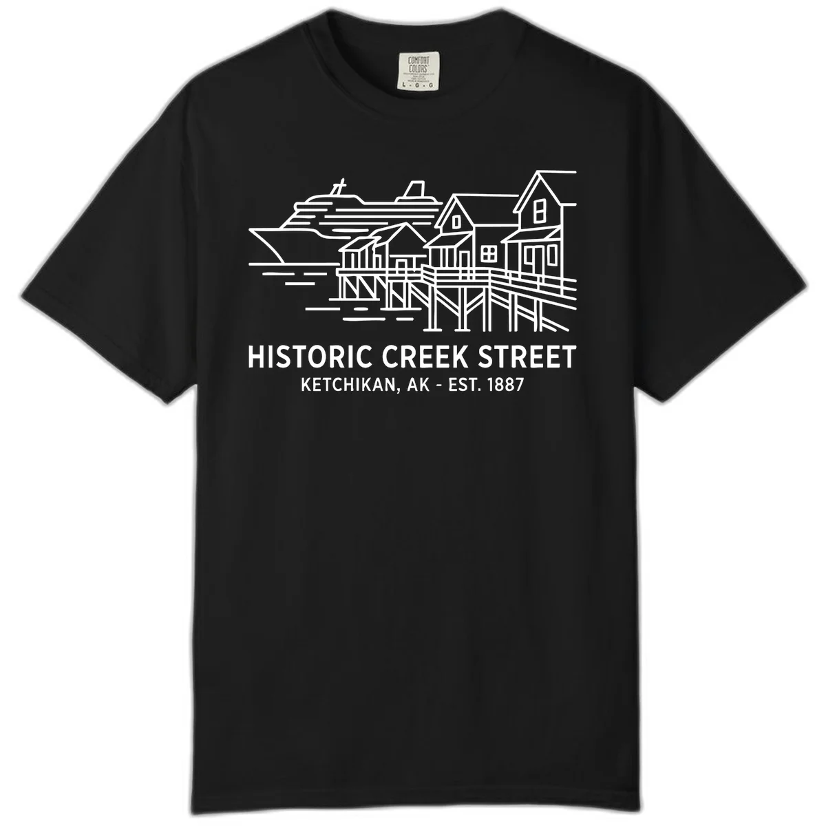 Historic Creek Street Ketchikan Alaska Comfort Color Tee in Black