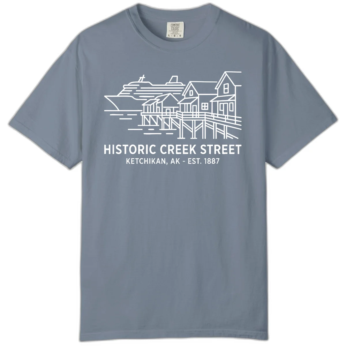 Historic Creek Street Ketchikan Alaska Comfort Color Tee in Blue Jean