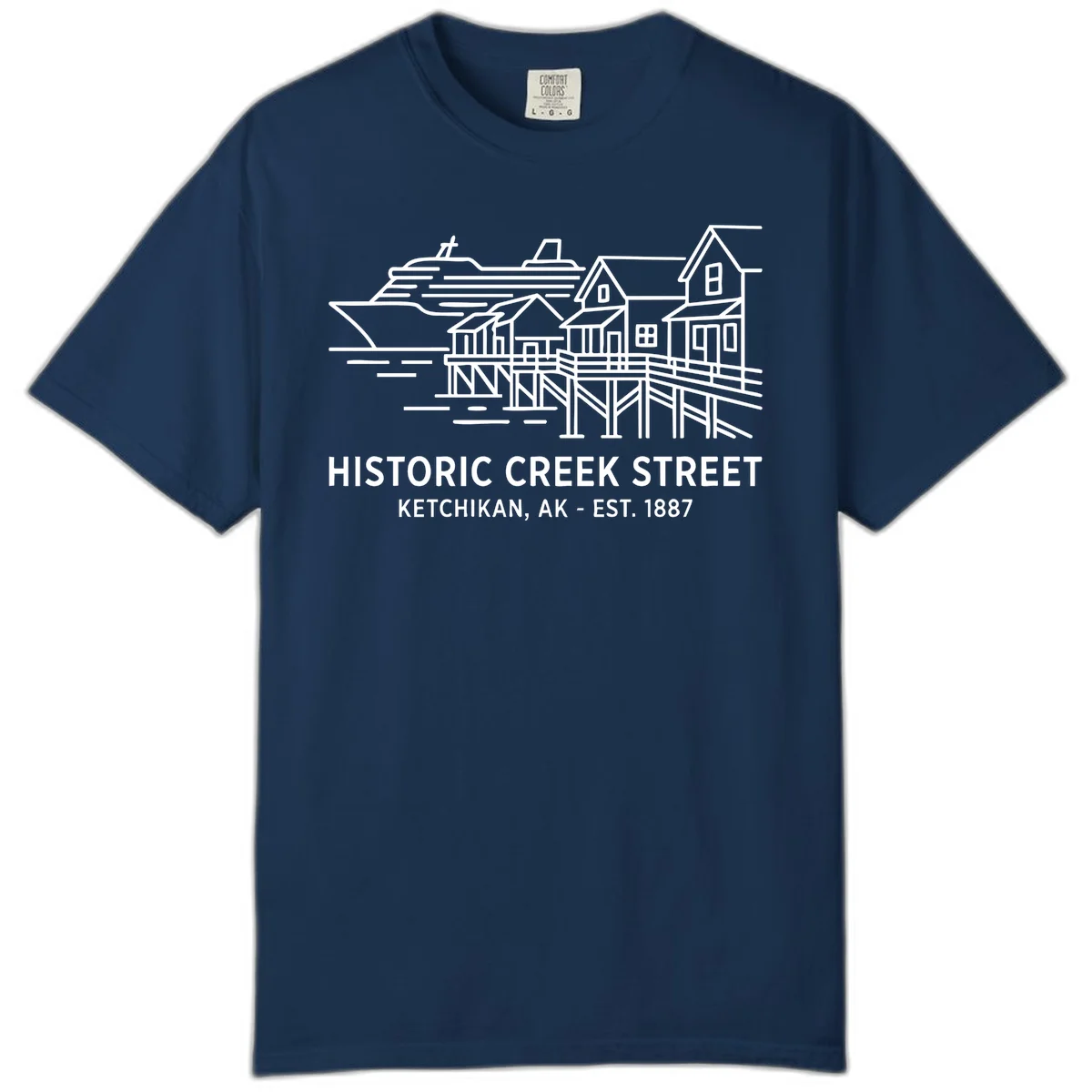 Historic Creek Street Ketchikan Alaska Comfort Color Tee in Navy