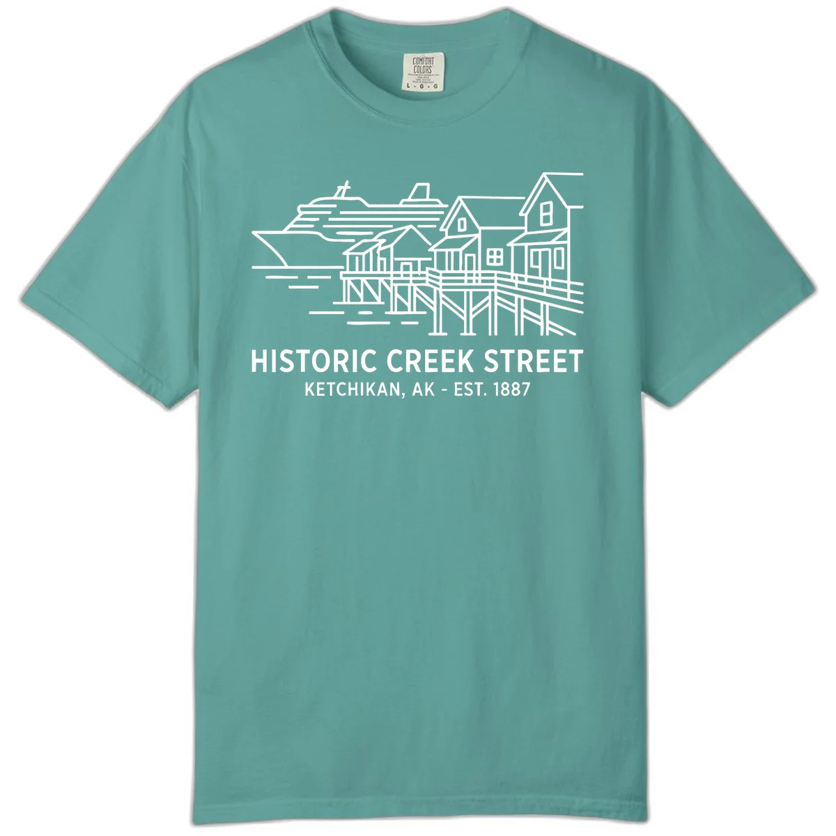 Historic Creek Street Ketchikan Alaska Comfort Color Tee in Seafoam