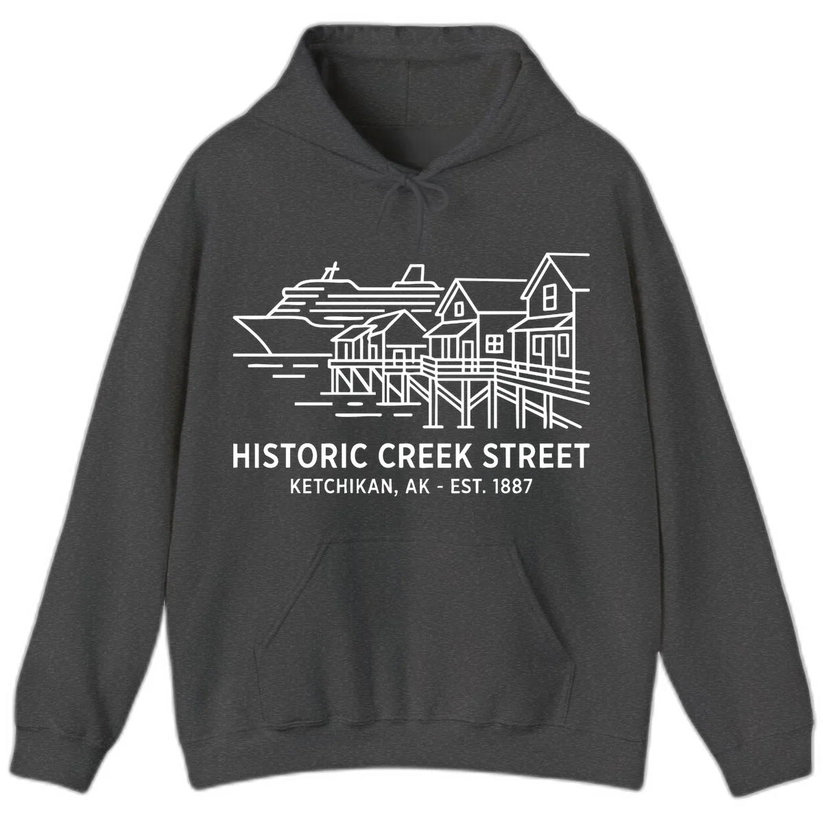 Historic Creek Street Ketchikan Alaska Hoodie in Dark Heather