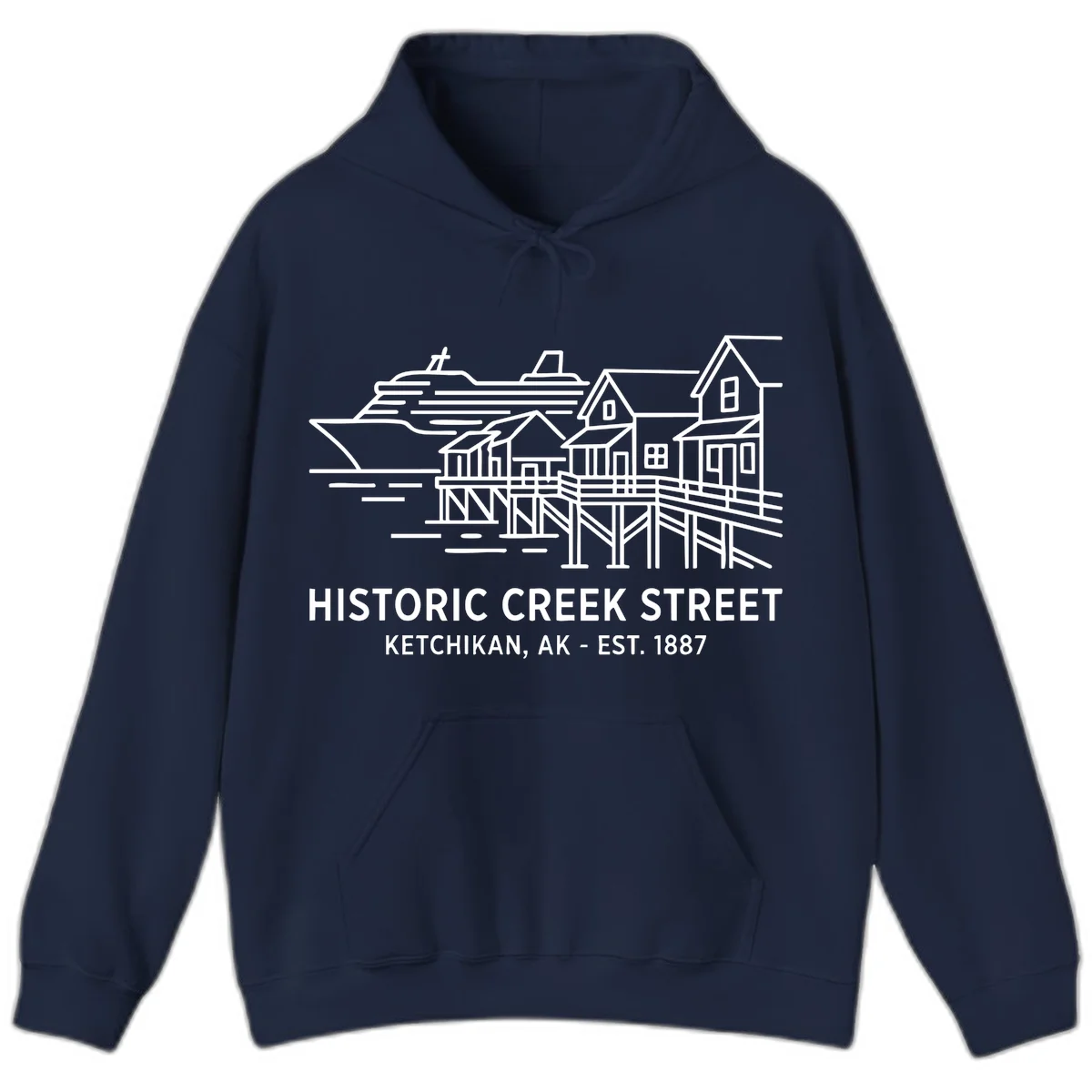 Historic Creek Street Ketchikan Alaska Hoodie in Navy