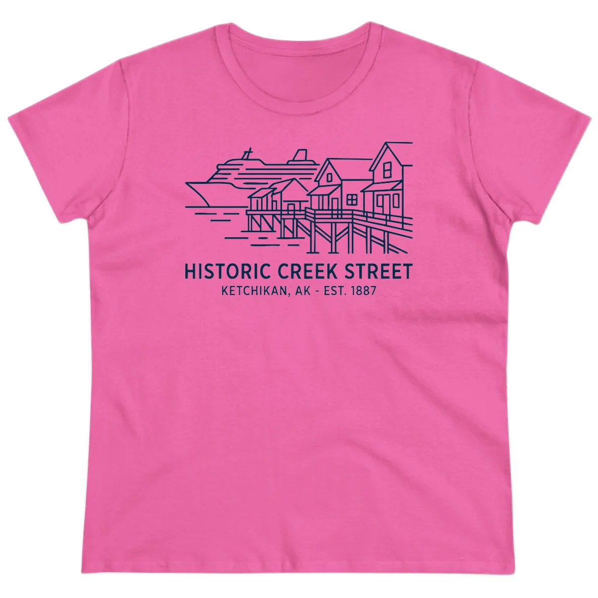 Historic Creek Street Ketchikan Alaska Ladies Tee in Azalea