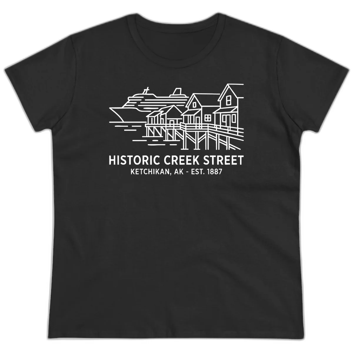 Historic Creek Street Ketchikan Alaska Ladies Tee in Black
