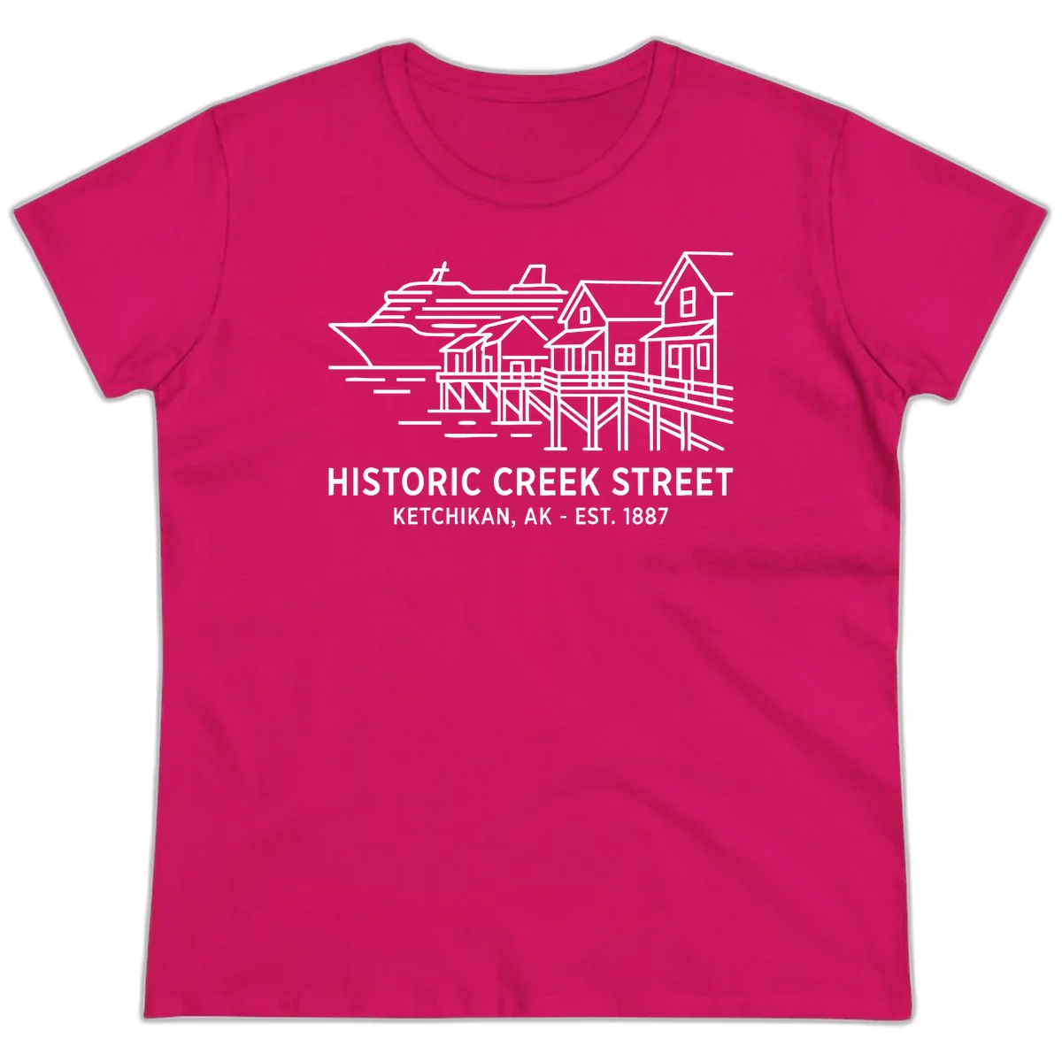 Historic Creek Street Ketchikan Alaska Ladies Tee in Heliconia