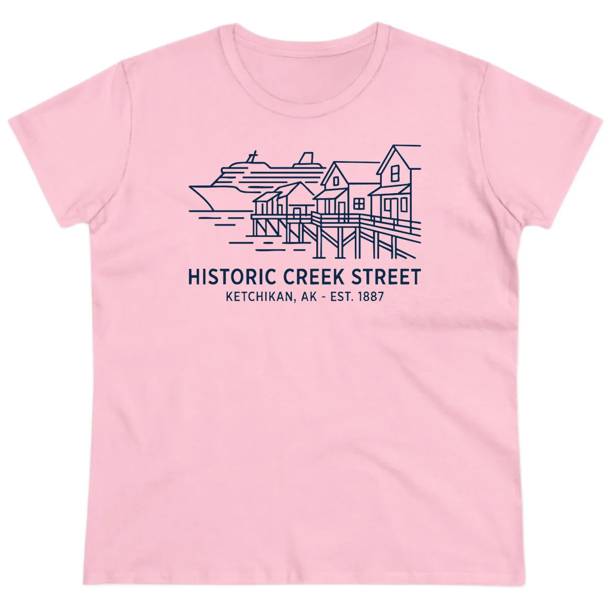 Historic Creek Street Ketchikan Alaska Ladies Tee in Light Pink