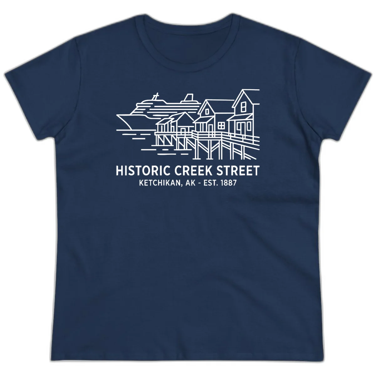 Historic Creek Street Ketchikan Alaska Ladies Tee in Navy