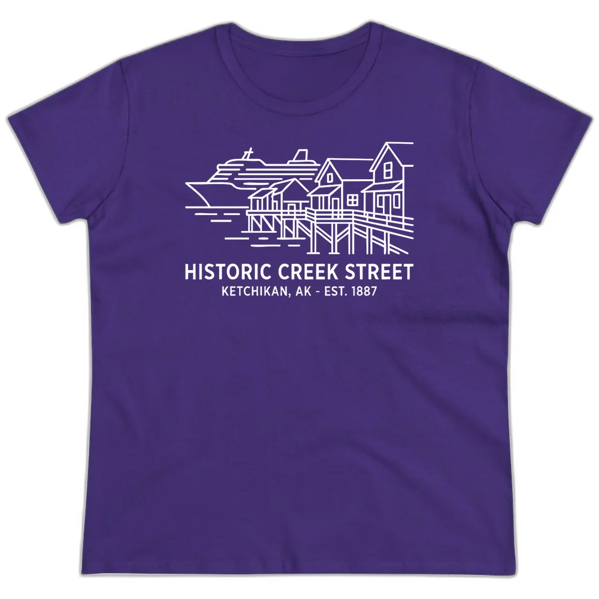Historic Creek Street Ketchikan Alaska Ladies Tee in Purple