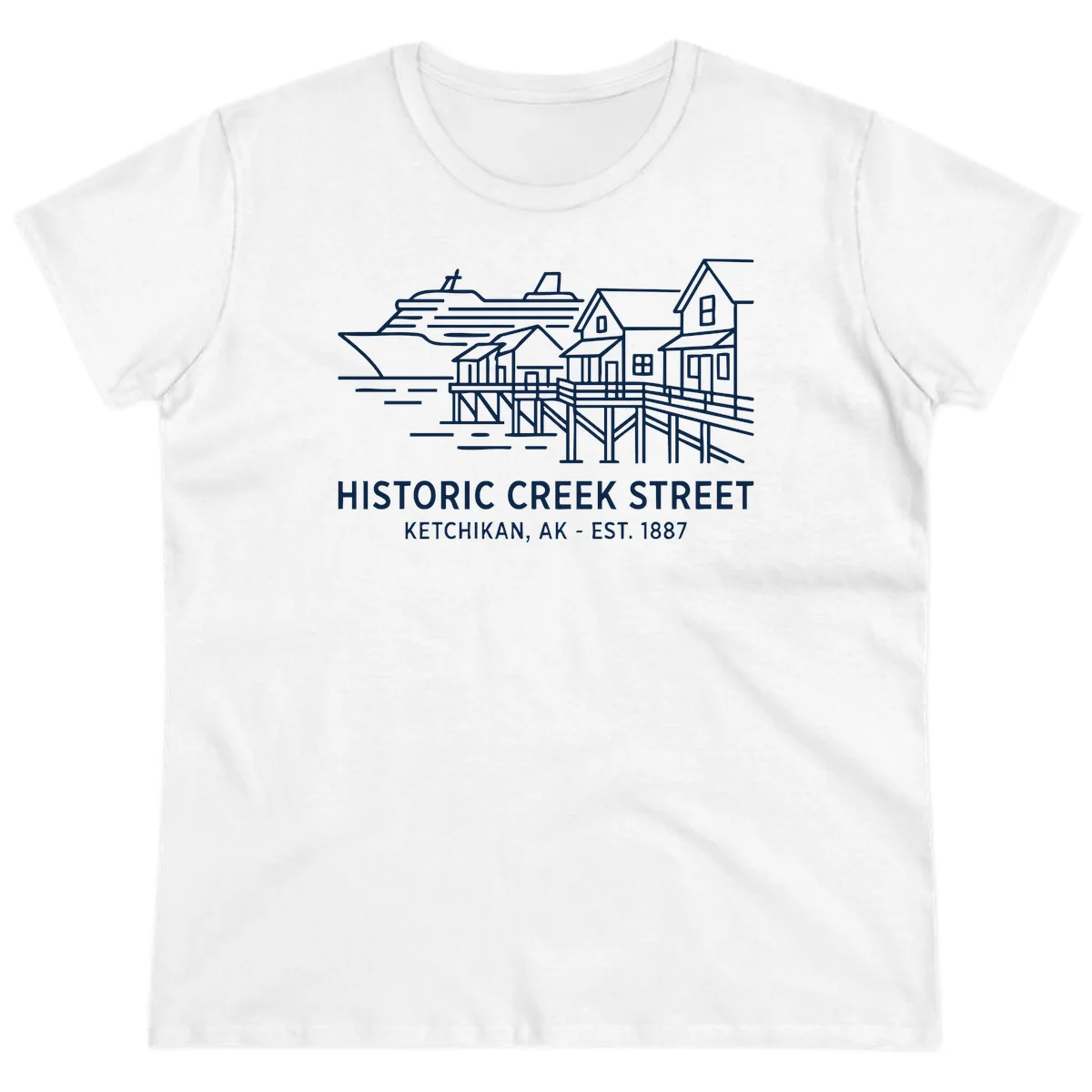Historic Creek Street Ketchikan Alaska Ladies Tee in White