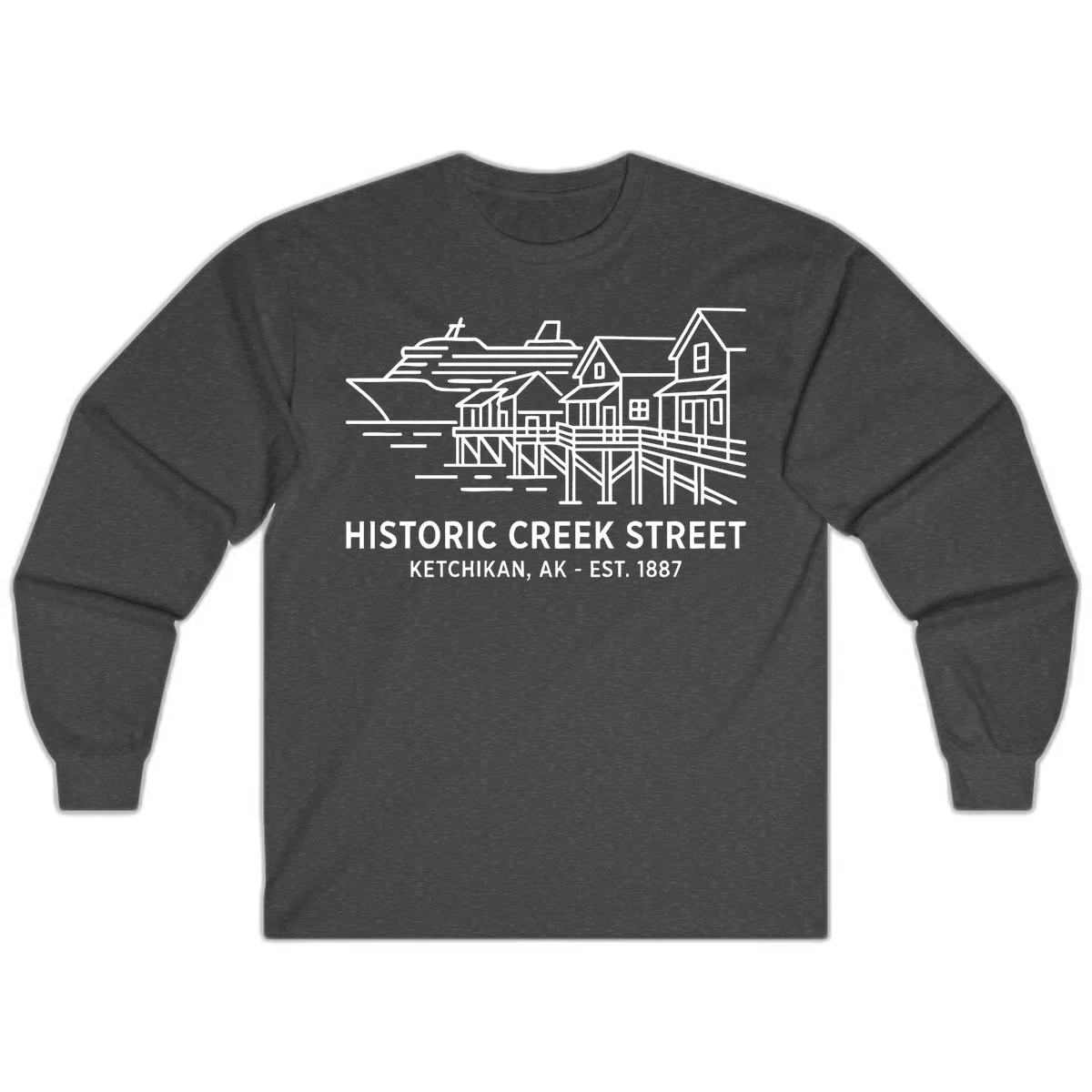 Historic Creek Street Ketchikan Alaska Long Sleeve Tee in Dark Heather