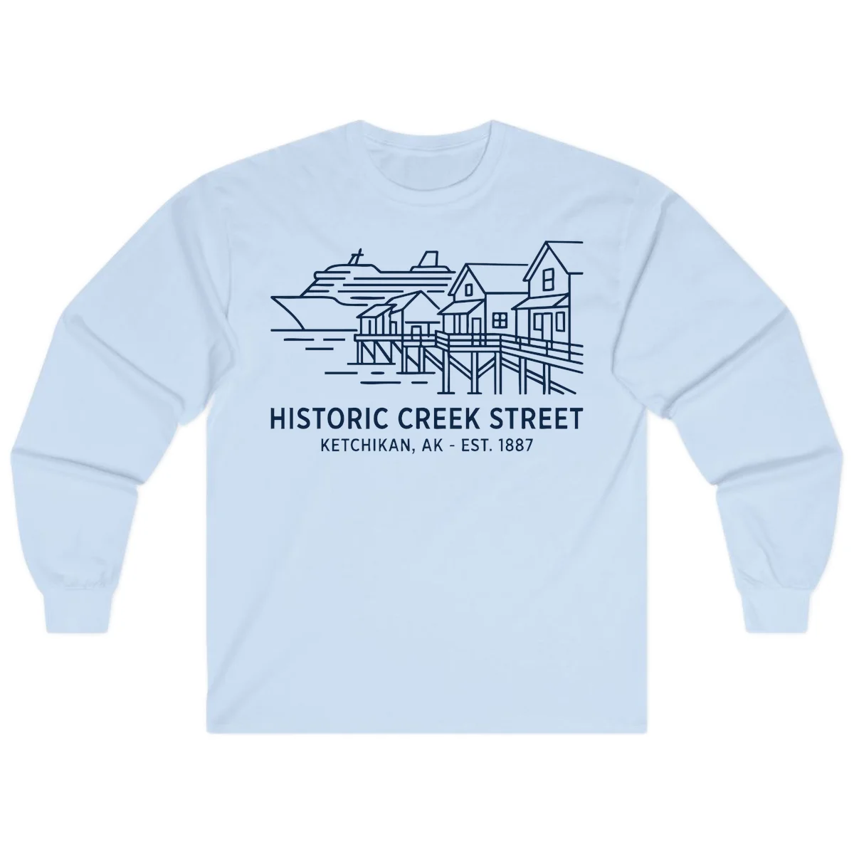 Historic Creek Street Ketchikan Alaska Long Sleeve Tee in Light Blue