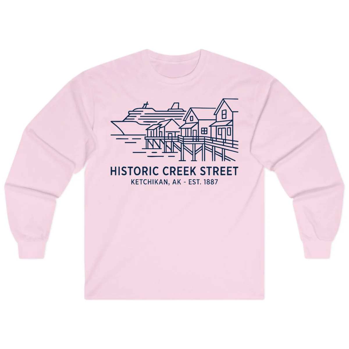 Historic Creek Street Ketchikan Alaska Long Sleeve Tee in Light Pink