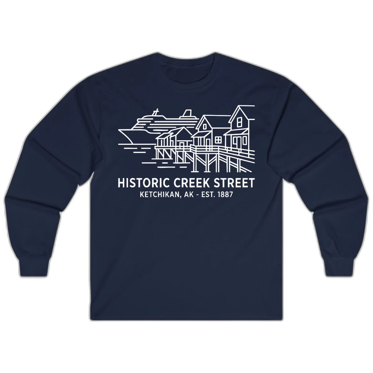 Historic Creek Street Ketchikan Alaska Long Sleeve Tee in Navy