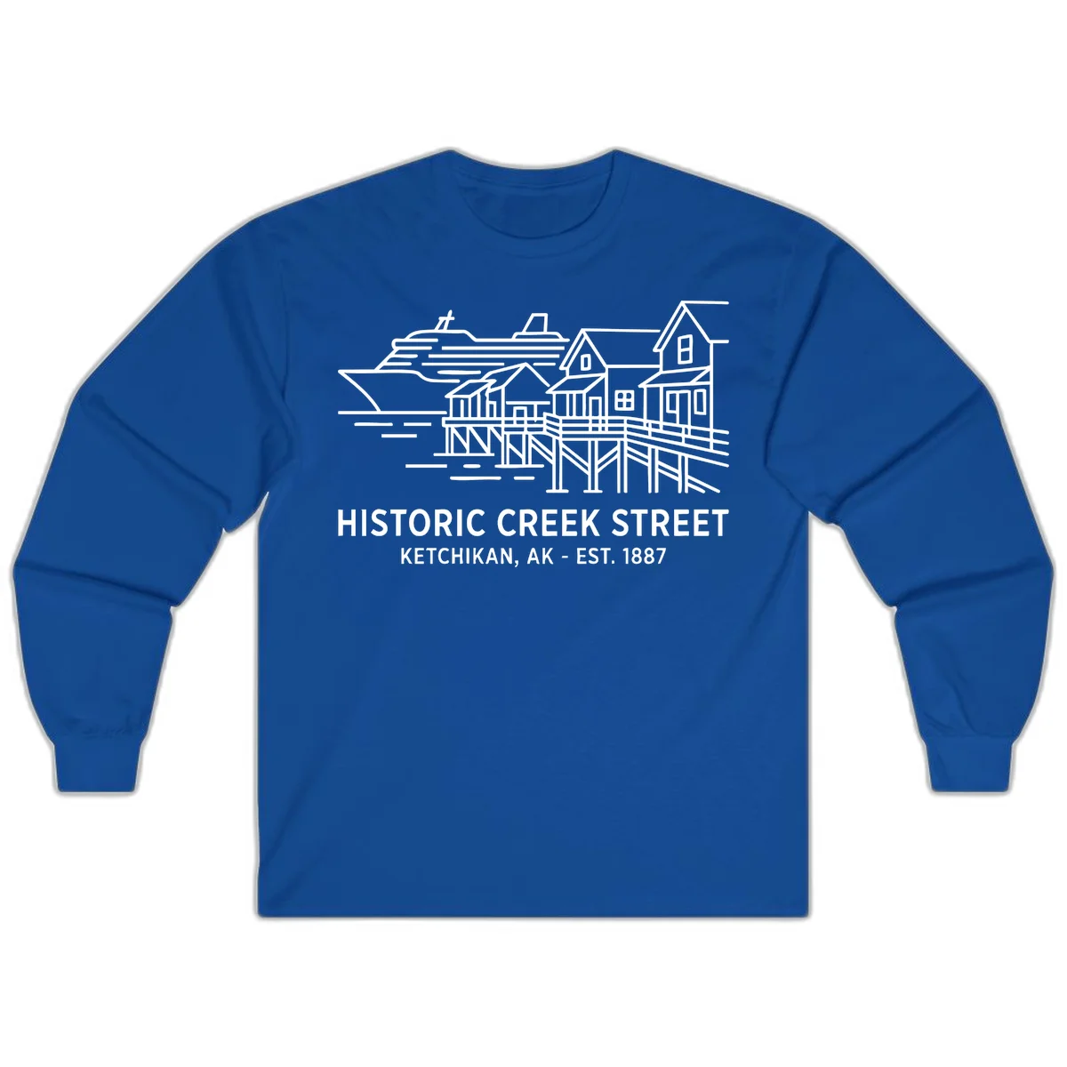 Historic Creek Street Ketchikan Alaska Long Sleeve Tee in Royal