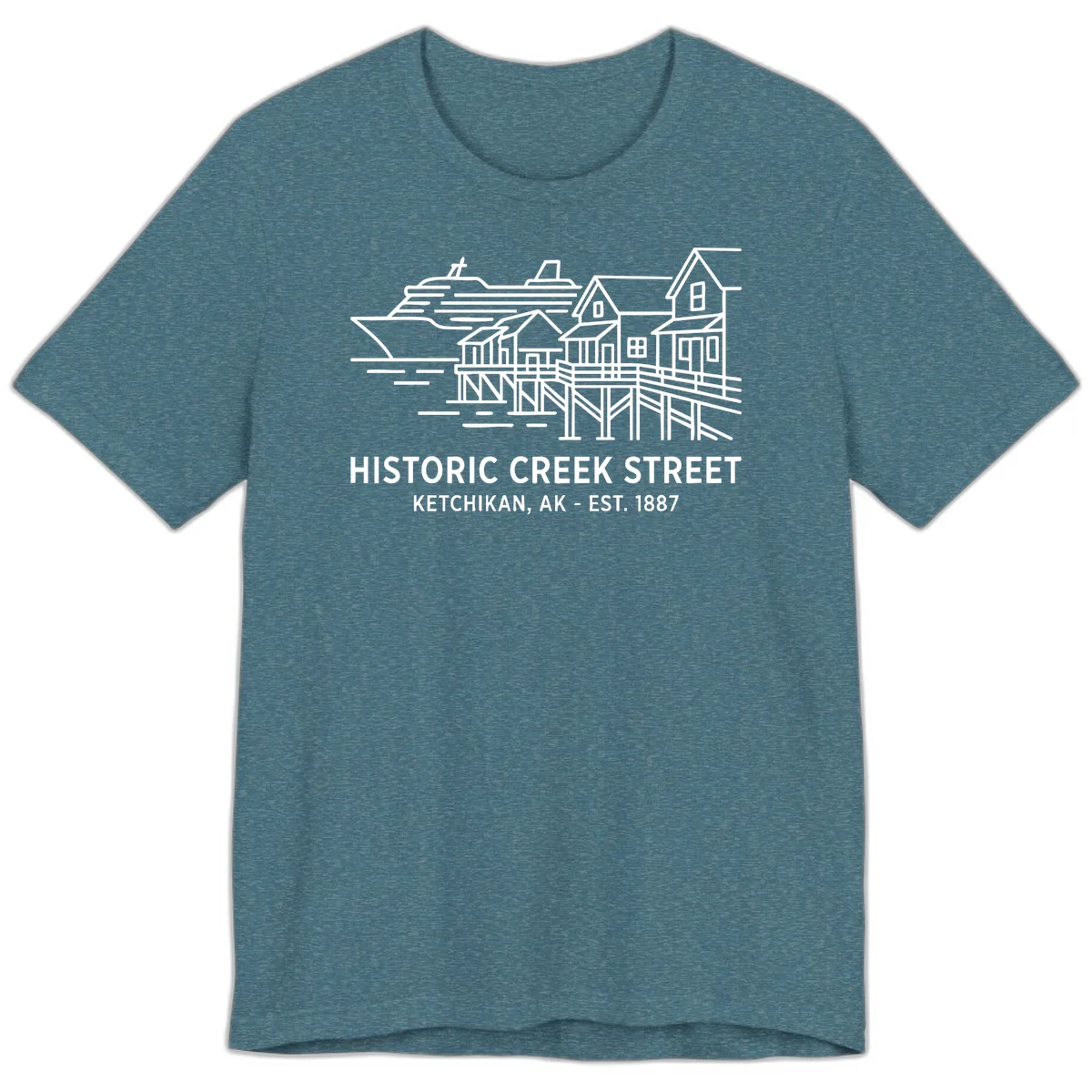 Historic Creek Street Ketchikan Alaska Premium T-Shirt in Heather Deep Teal