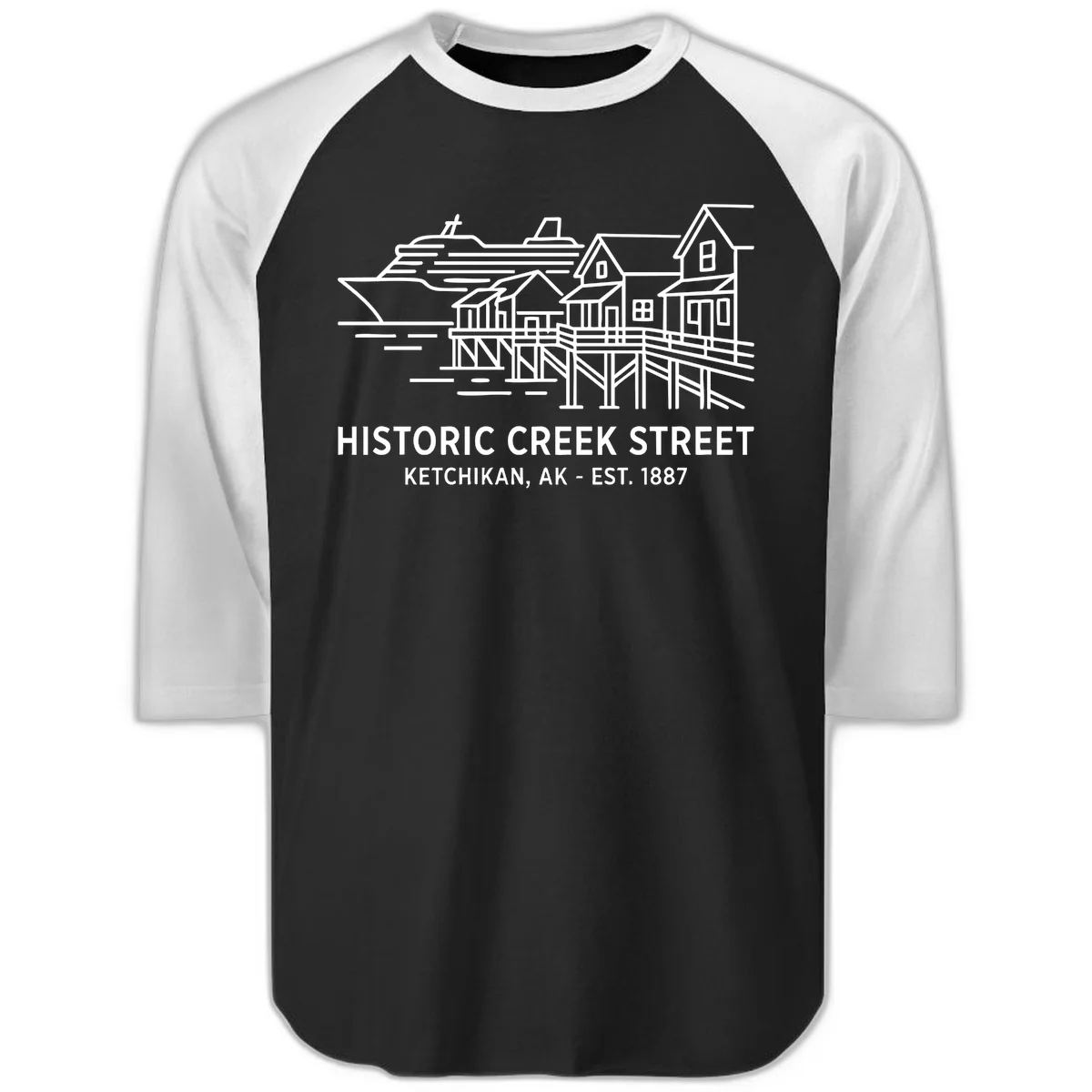 Historic Creek Street Ketchikan Alaska Raglan 3/4 Sleeve in Black White