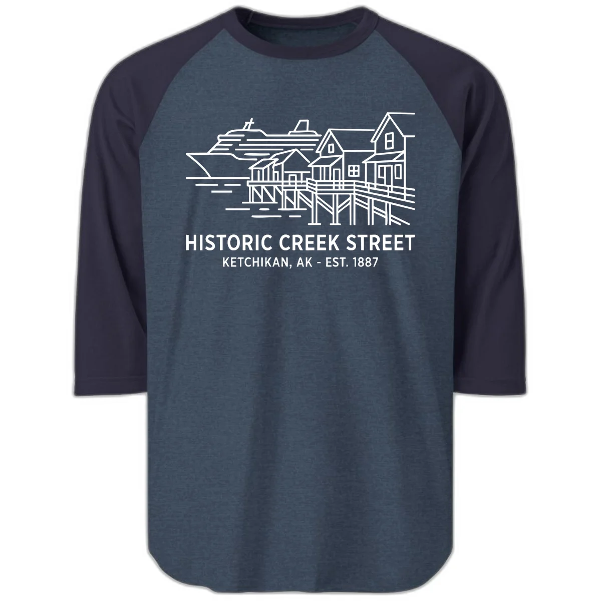 Historic Creek Street Ketchikan Alaska Raglan 3/4 Sleeve in Heather Denim Navy