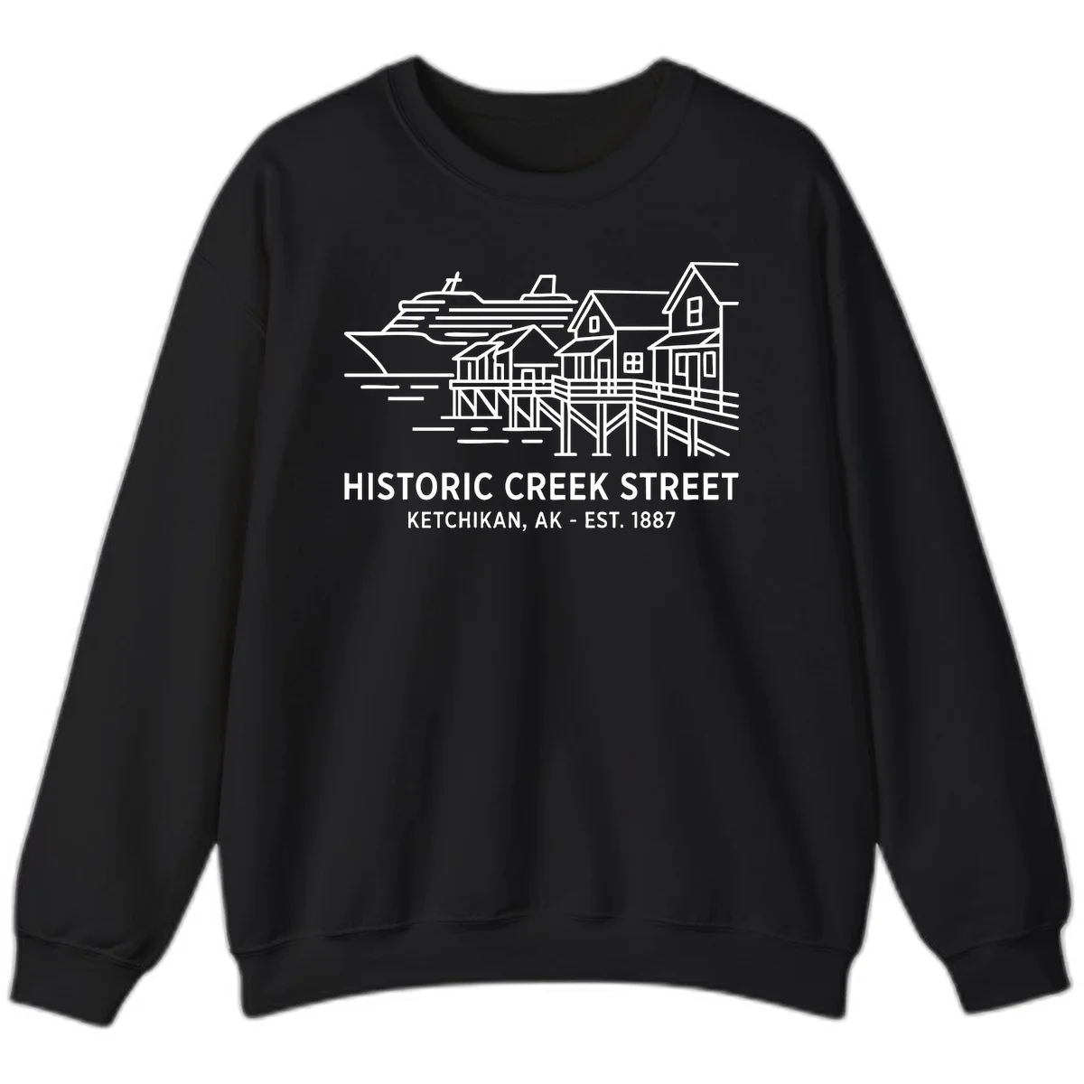 Historic Creek Street Ketchikan Alaska Crewneck Sweatshirt in Black