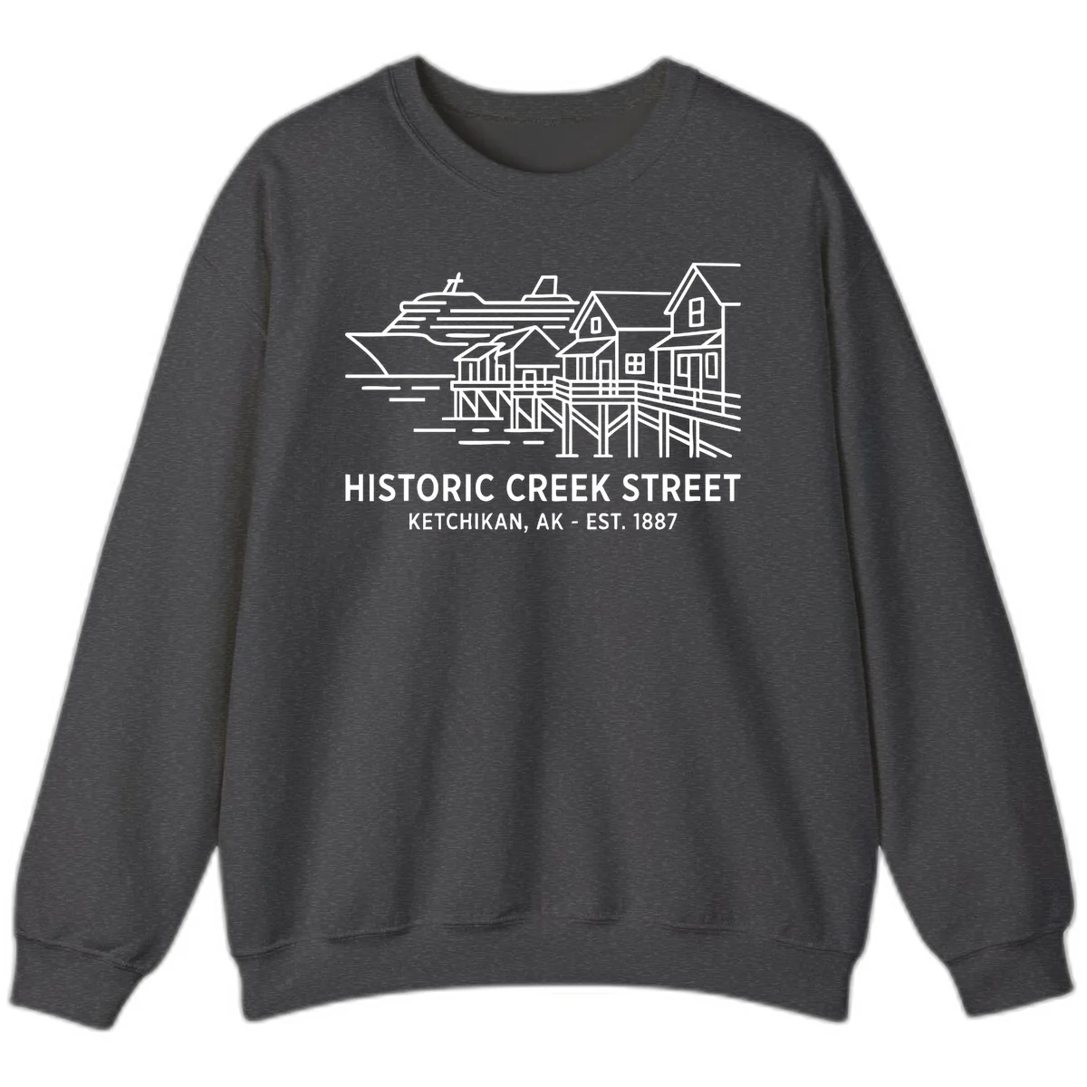 Historic Creek Street Ketchikan Alaska Crewneck Sweatshirt in Dark Heather
