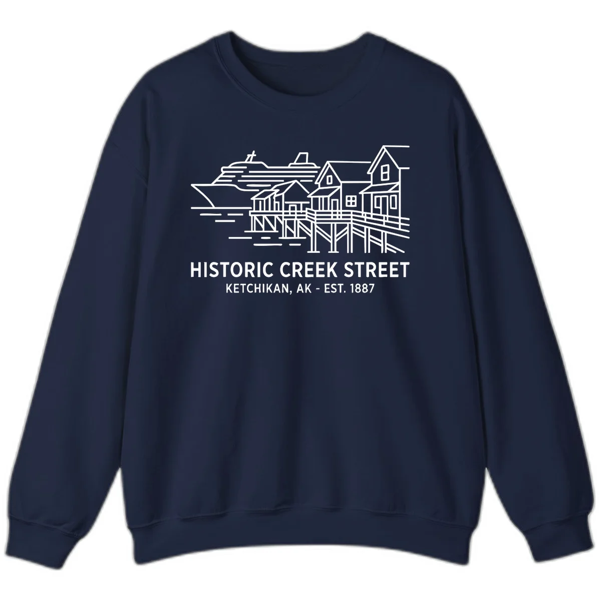 Historic Creek Street Ketchikan Alaska Crewneck Sweatshirt in Navy
