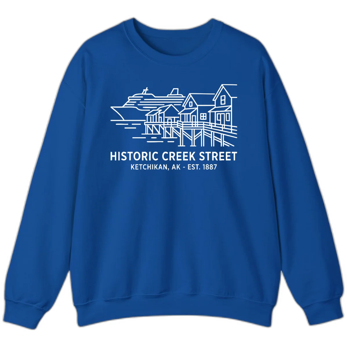 Historic Creek Street Ketchikan Alaska Crewneck Sweatshirt in Royal
