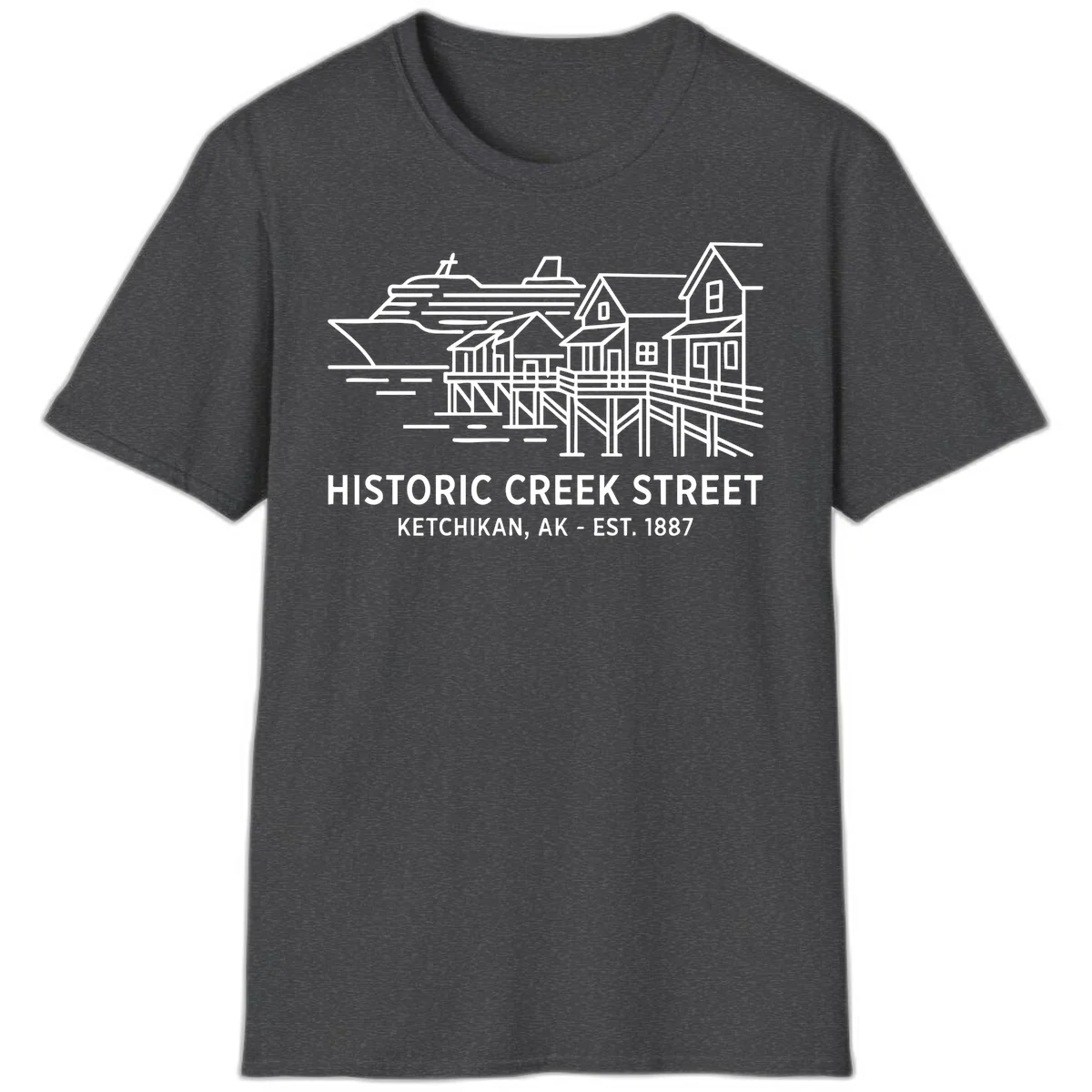 Historic Creek Street Ketchikan Alaska T-Shirt in Dark Heather