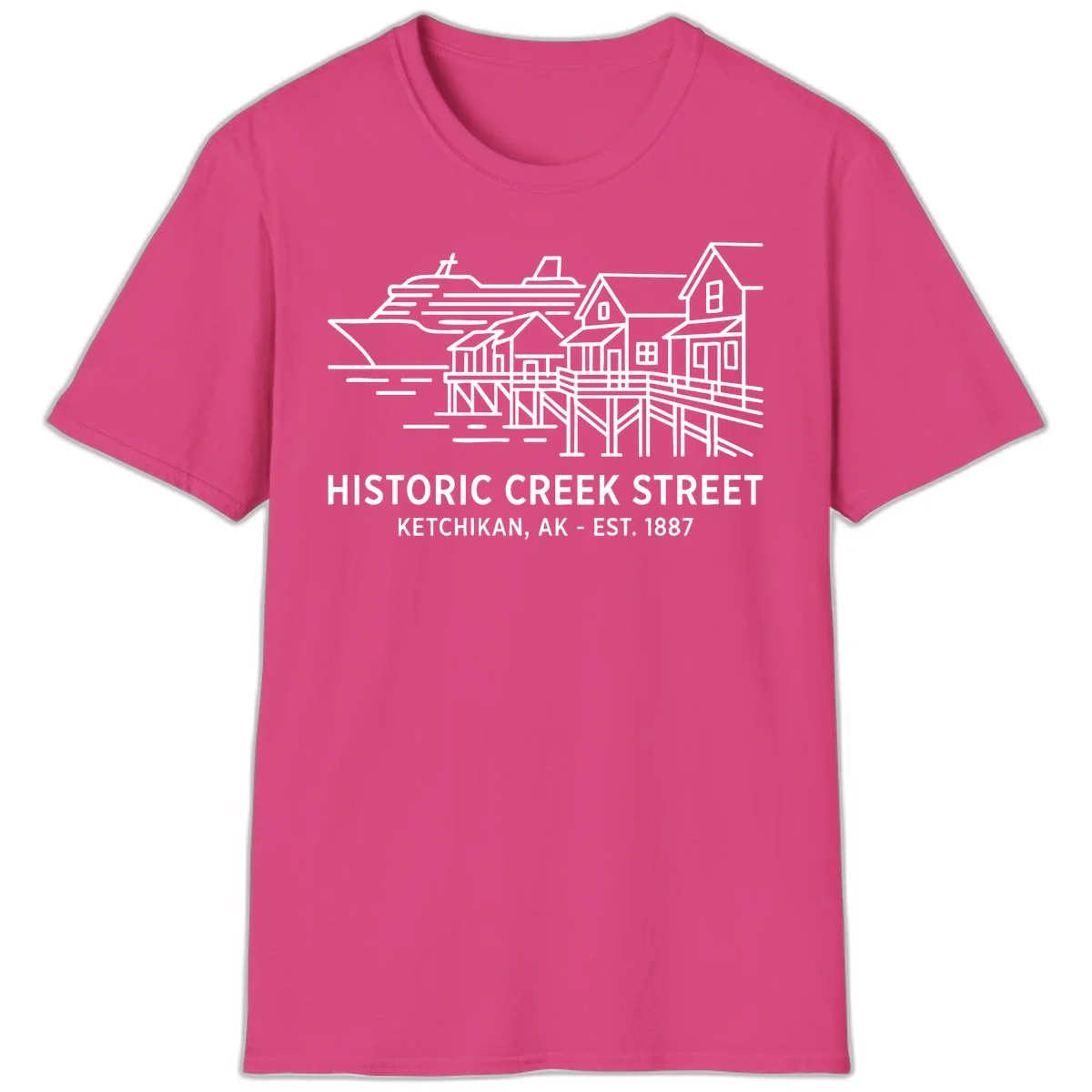 Historic Creek Street Ketchikan Alaska T-Shirt in Heliconia
