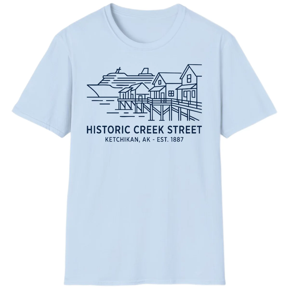 Historic Creek Street Ketchikan Alaska T-Shirt in Light Blue