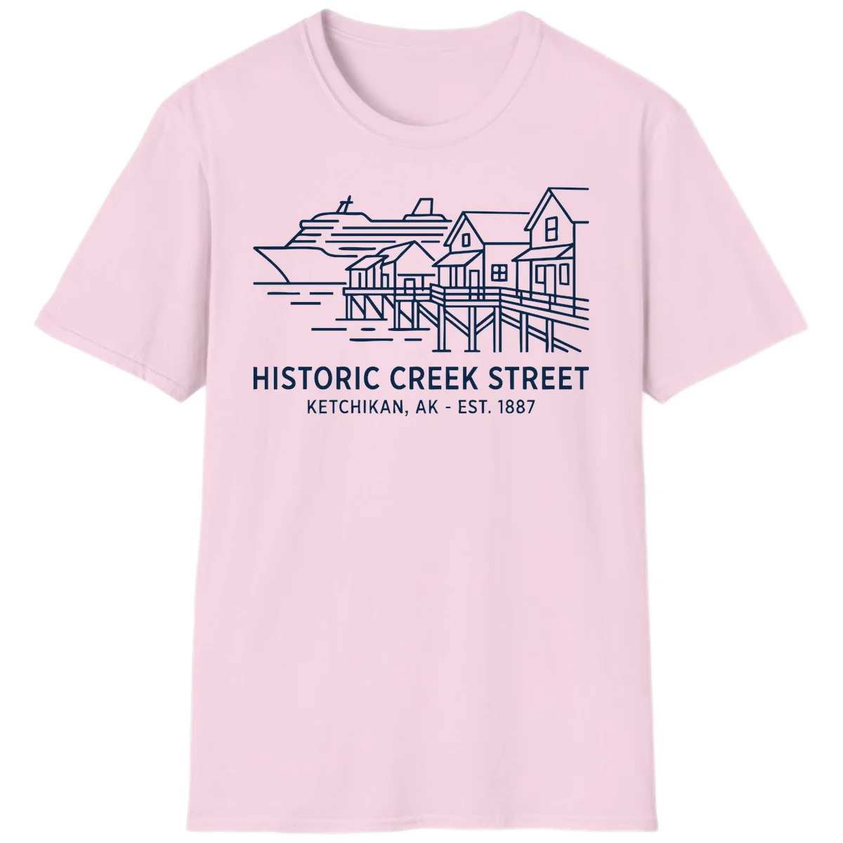 Historic Creek Street Ketchikan Alaska T-Shirt in Light Pink