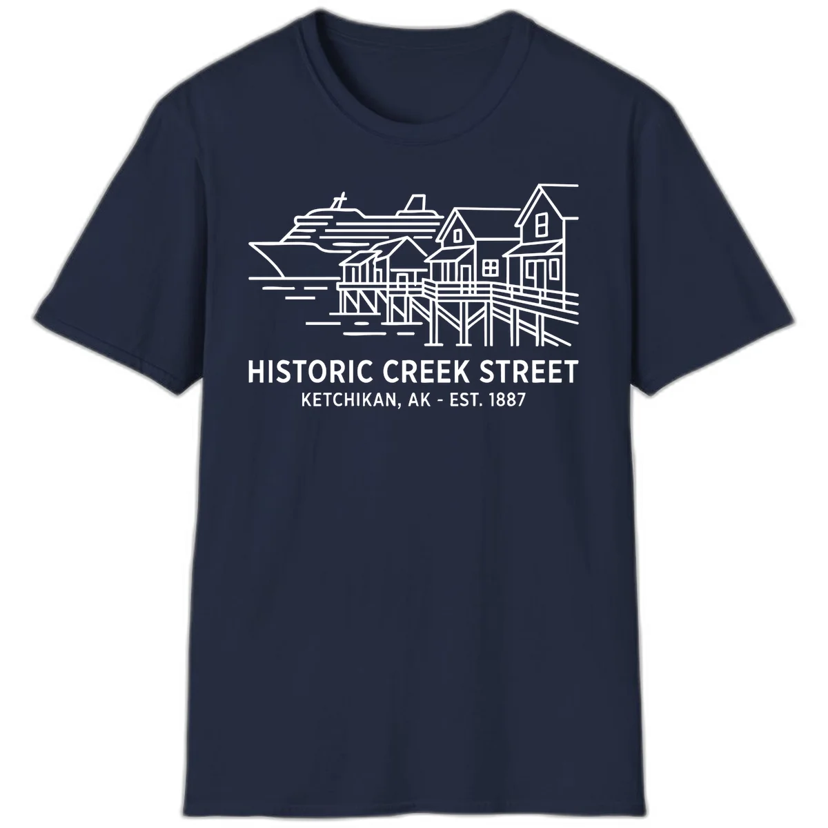 Historic Creek Street Ketchikan Alaska T-Shirt in Navy