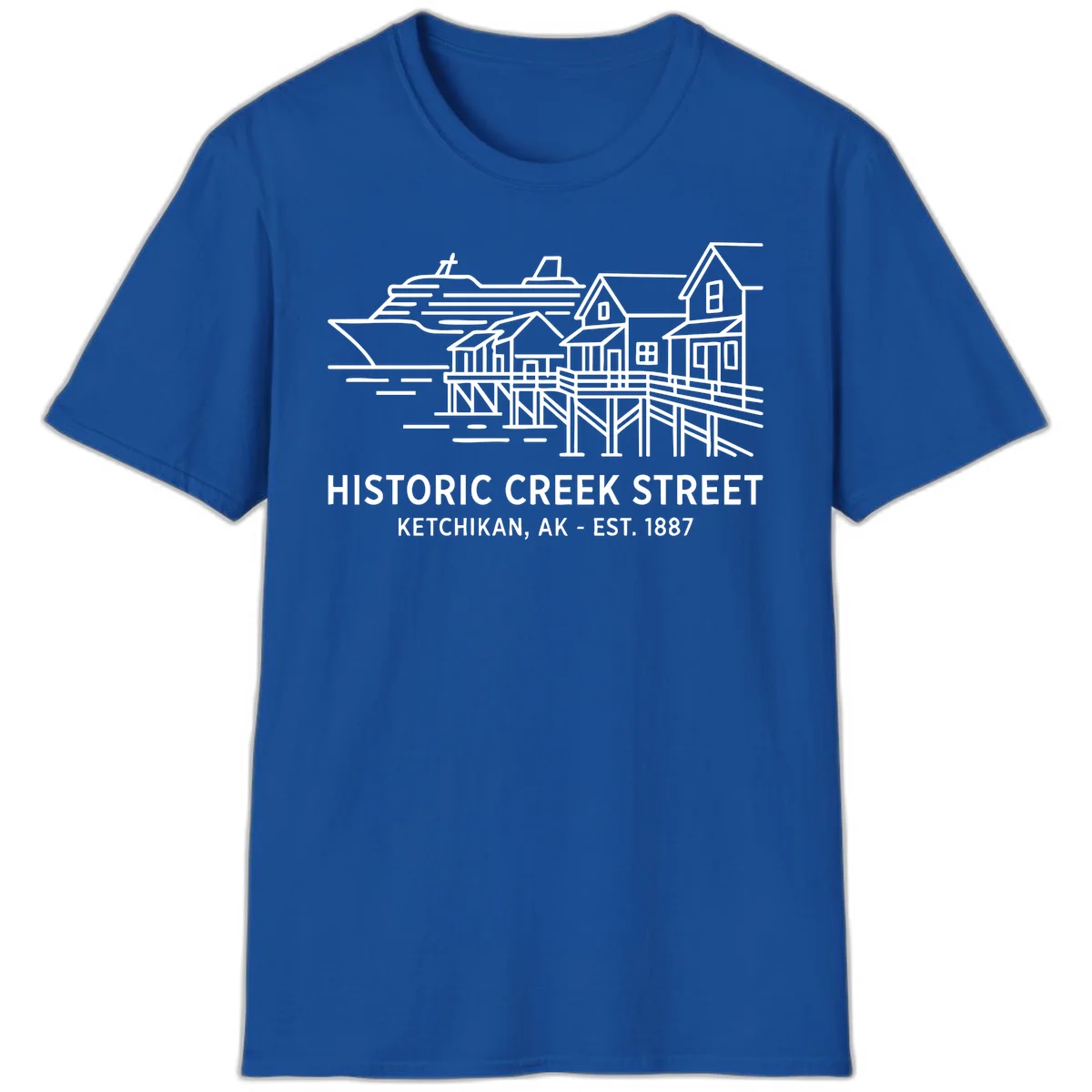 Historic Creek Street Ketchikan Alaska T-Shirt in Royal